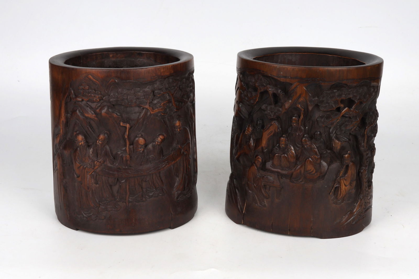 A Pair of Bamboo Carved Figural Brush Pots China 20th Century (1 of 12)