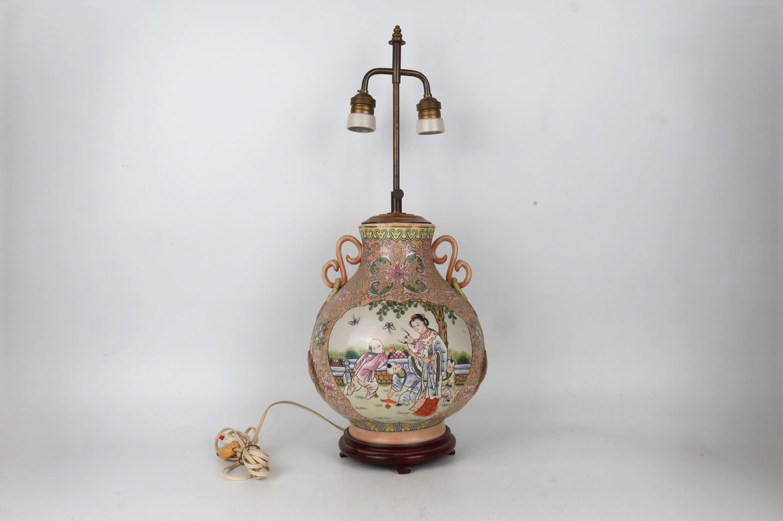Famille Rose Figural Twin Handle Zun Table Lamp China 20th Century (1 of 4)