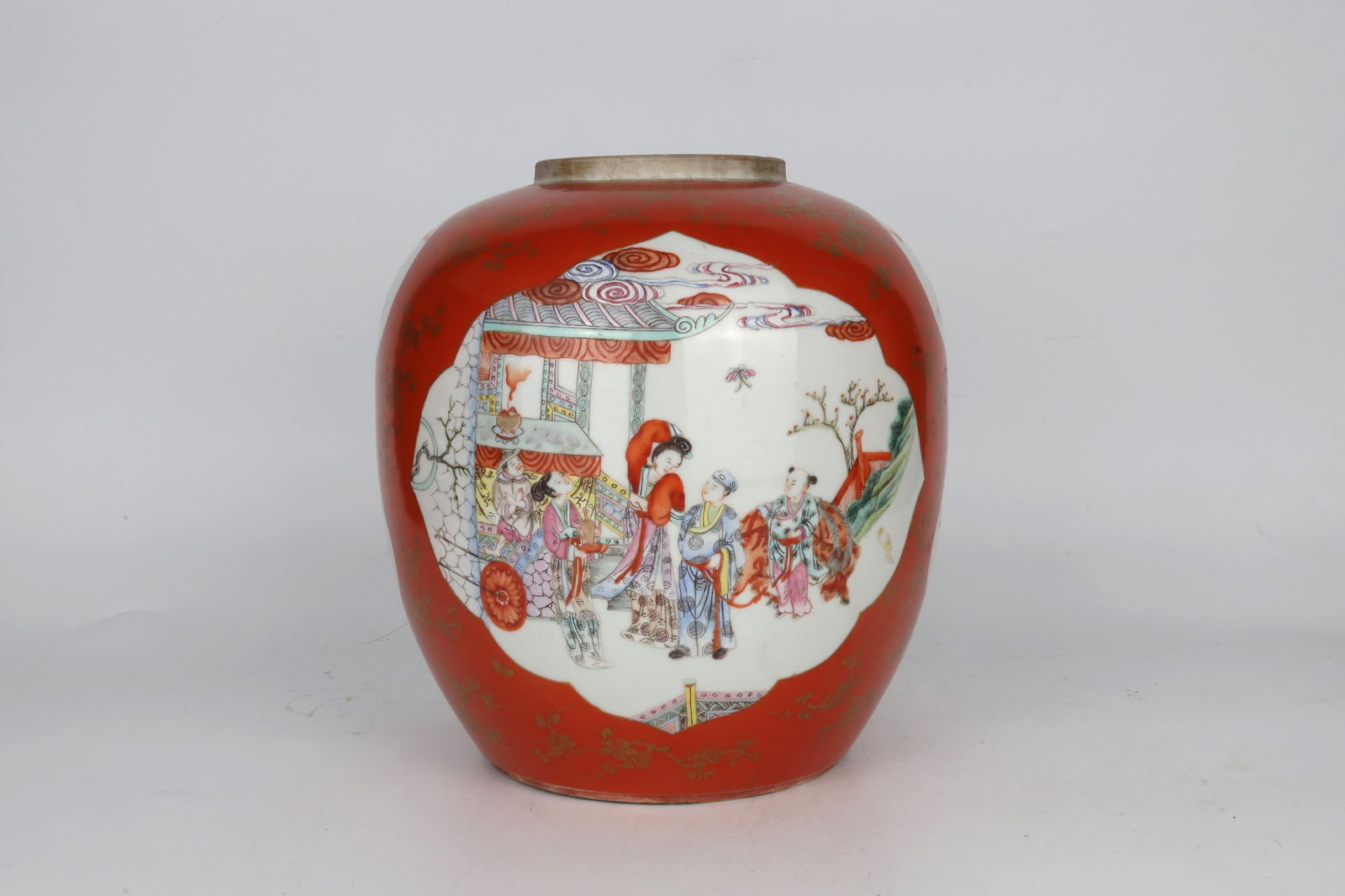 Famille Rose Figural Jar on Iron Red Ground China 19th Century (1 of 6)