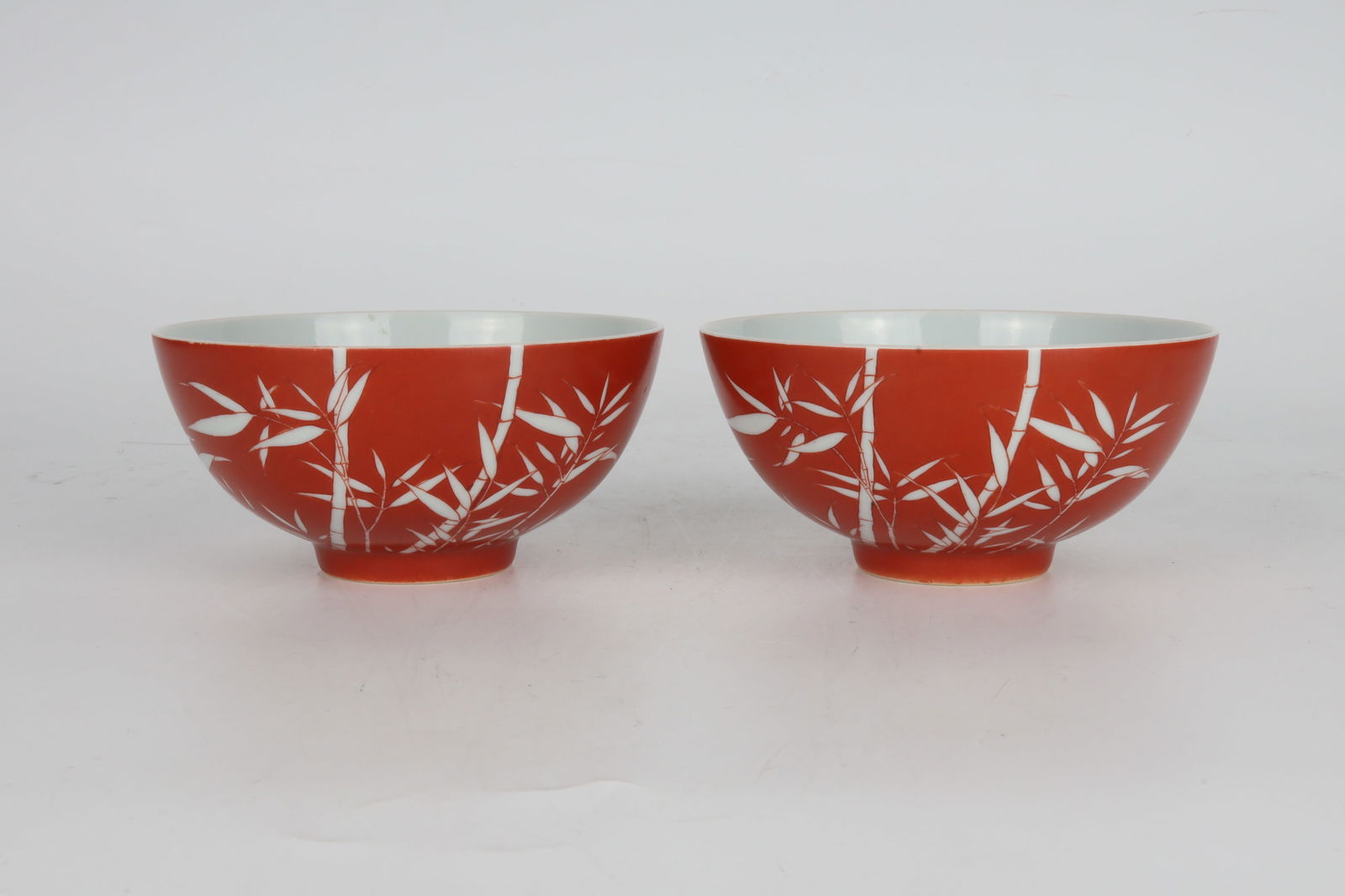 A Pair of Red Ground Bamboo Pattern Bowls China 19th Century: A Pair of Red Ground Bamboo Pattern &