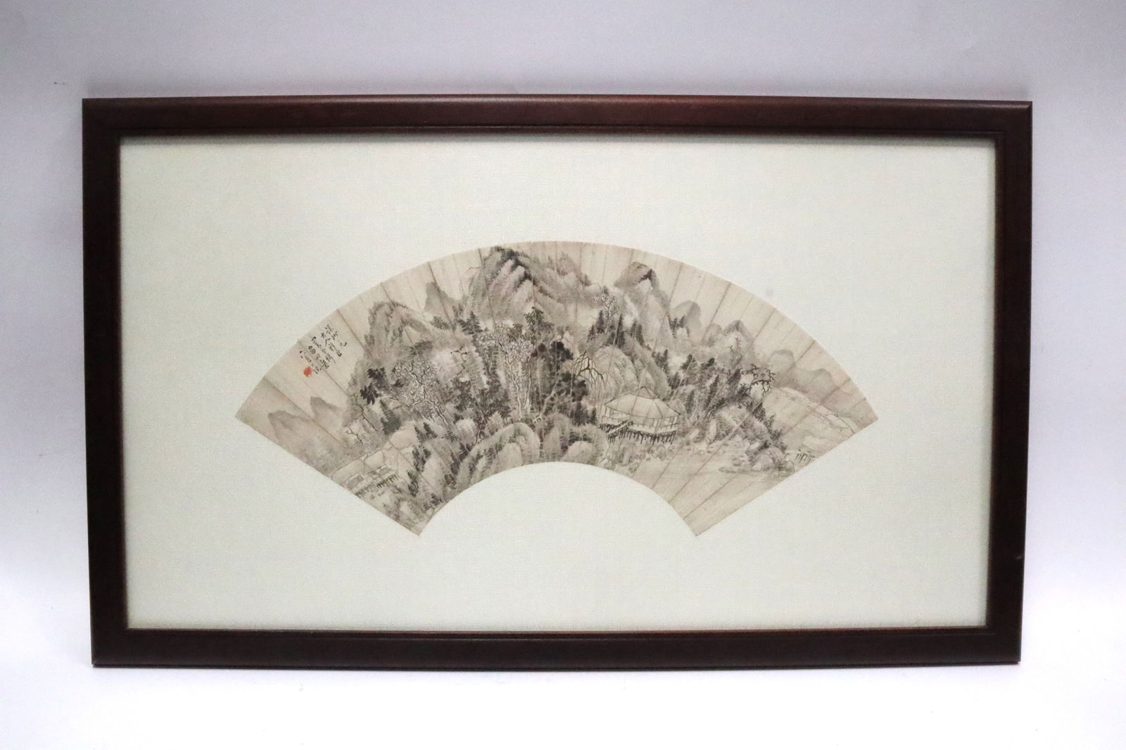 Landscape Fan Painting, Ink on Paper, Framed in a Mirror,Qing Dynasty (1 of 2)