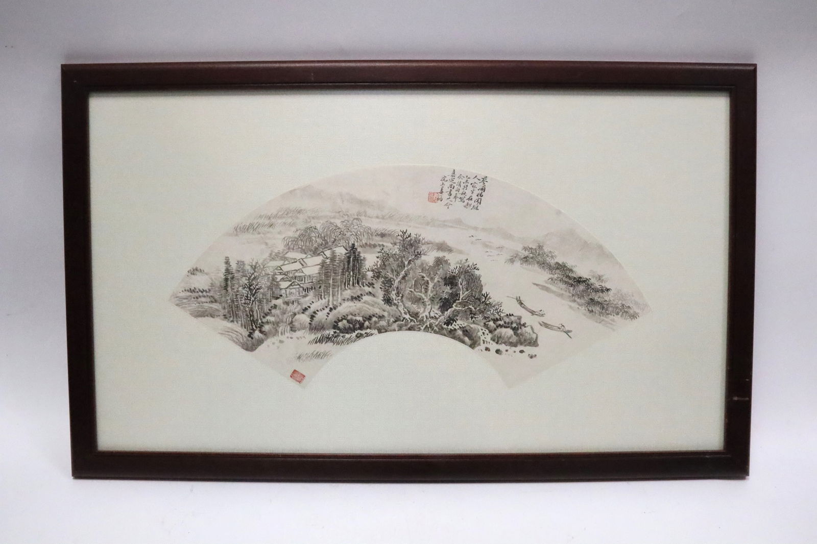 Jiang Yun(1847-1919)-Landscape Fan Painting, Ink on Paper, Framed in a Mirror (1 of 2)