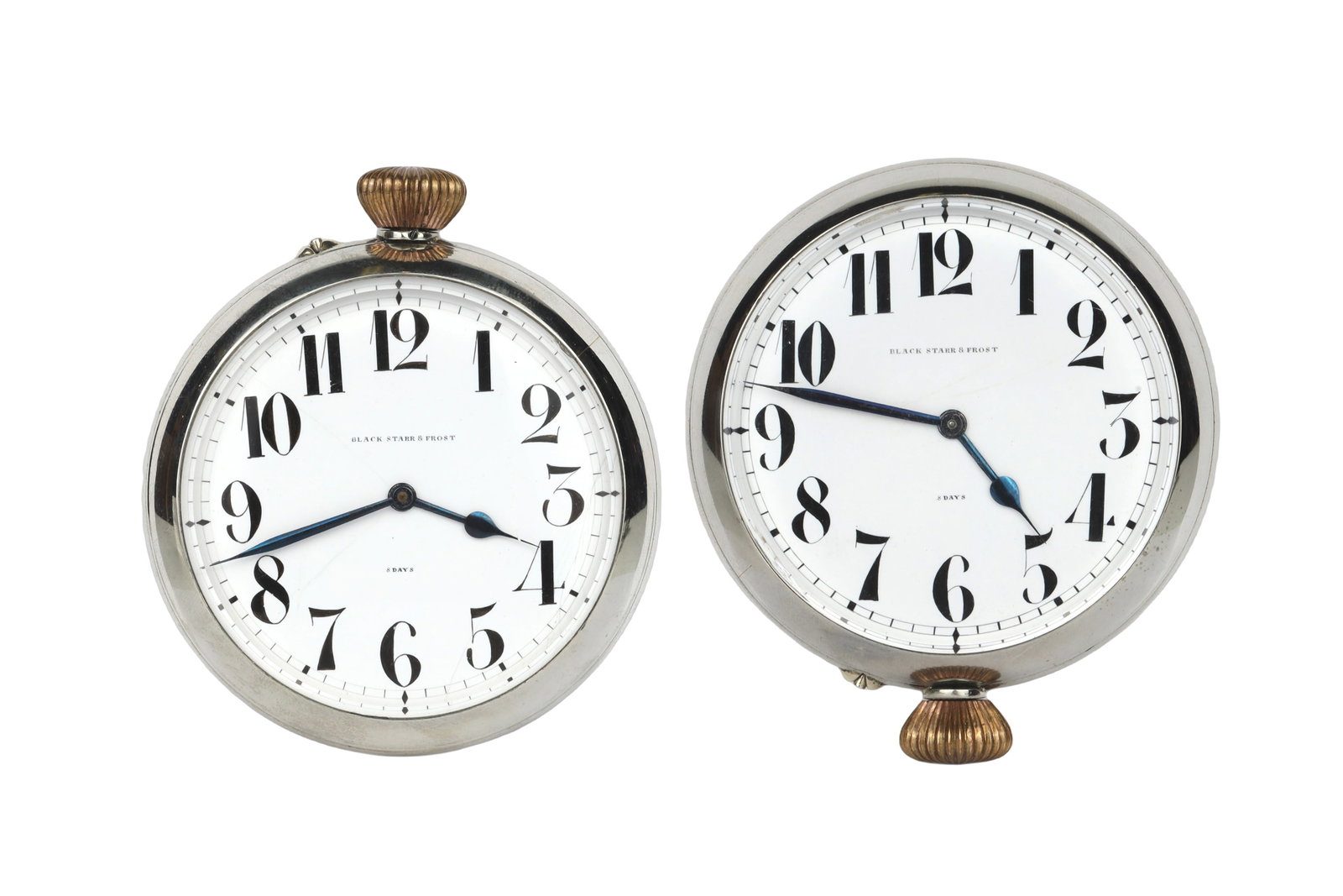 Black Starr & Frost Double Face 8 Days Pocket Watch: Black Starr & Frost Double Face 8 Days Pocket WatchMovement Setting: Pin-setWind Mechanism: PendantDimensions: 8.4cm DiaThis watch features two dials, front and back, both adjusted using a pin set mec