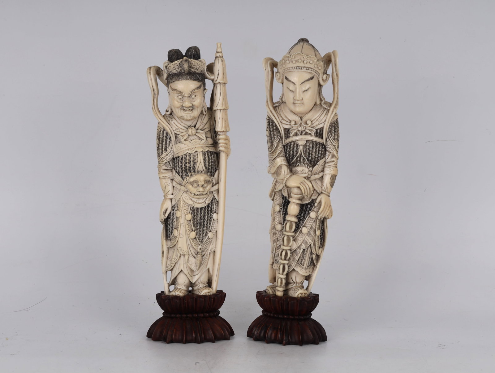 A Pair of Carved Bone Chinese Guardian Figures China 19th Century: A Pair of Carved Bone Chinese Guardian Figures China 19th Century Dimensions: 27cm T 19世纪中国骨雕护法立像一对
