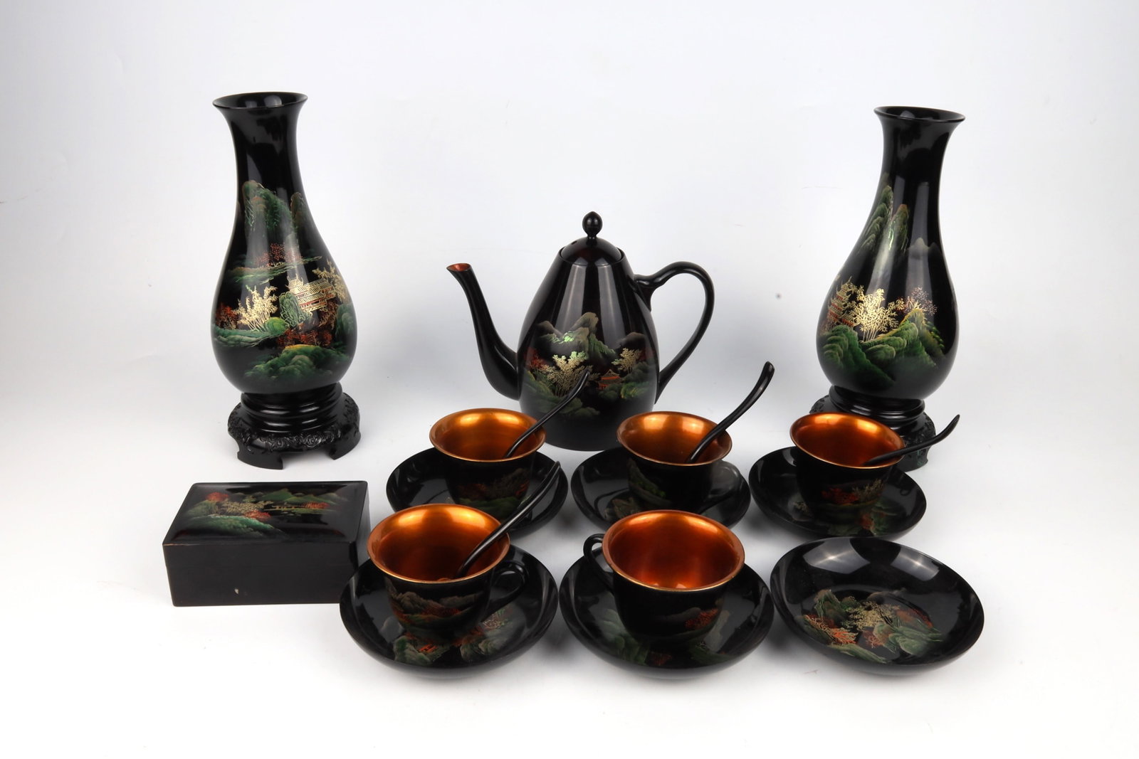 Black Lacquer Gilt Landscape Tea Set and Vase Group China 20th Century (1 of 2)