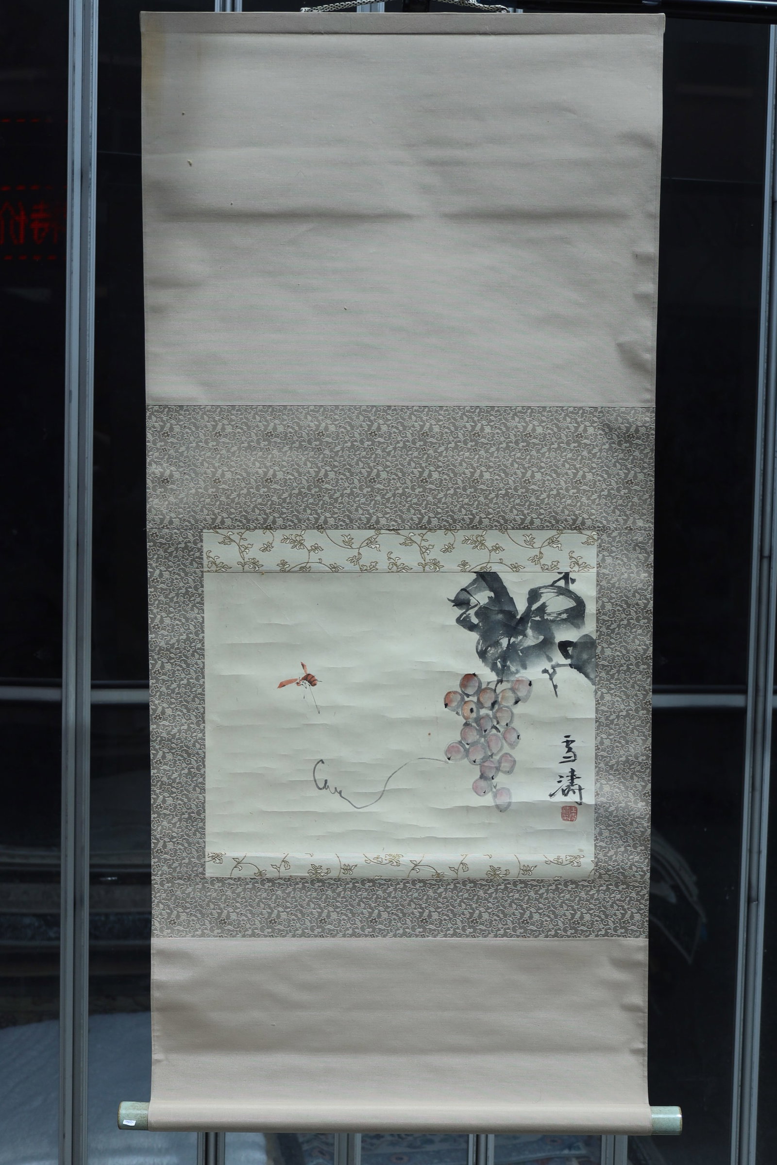 Xue Tao Grapes Hanging Scroll: Xue Tao “Grapes” Hanging Scroll Dimensions: scroll 110.5cm L, 50.2cm W; painting 28.6cm L, 38.1cm W