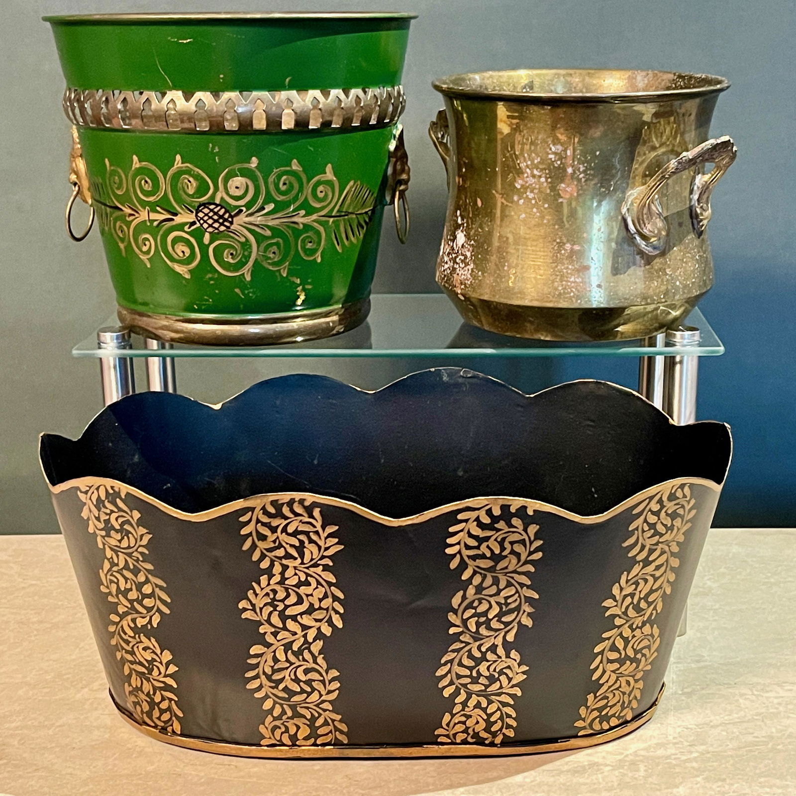 Tole Metal and Brass Jardiniere Cache Pot Planter Set (1 of 9)