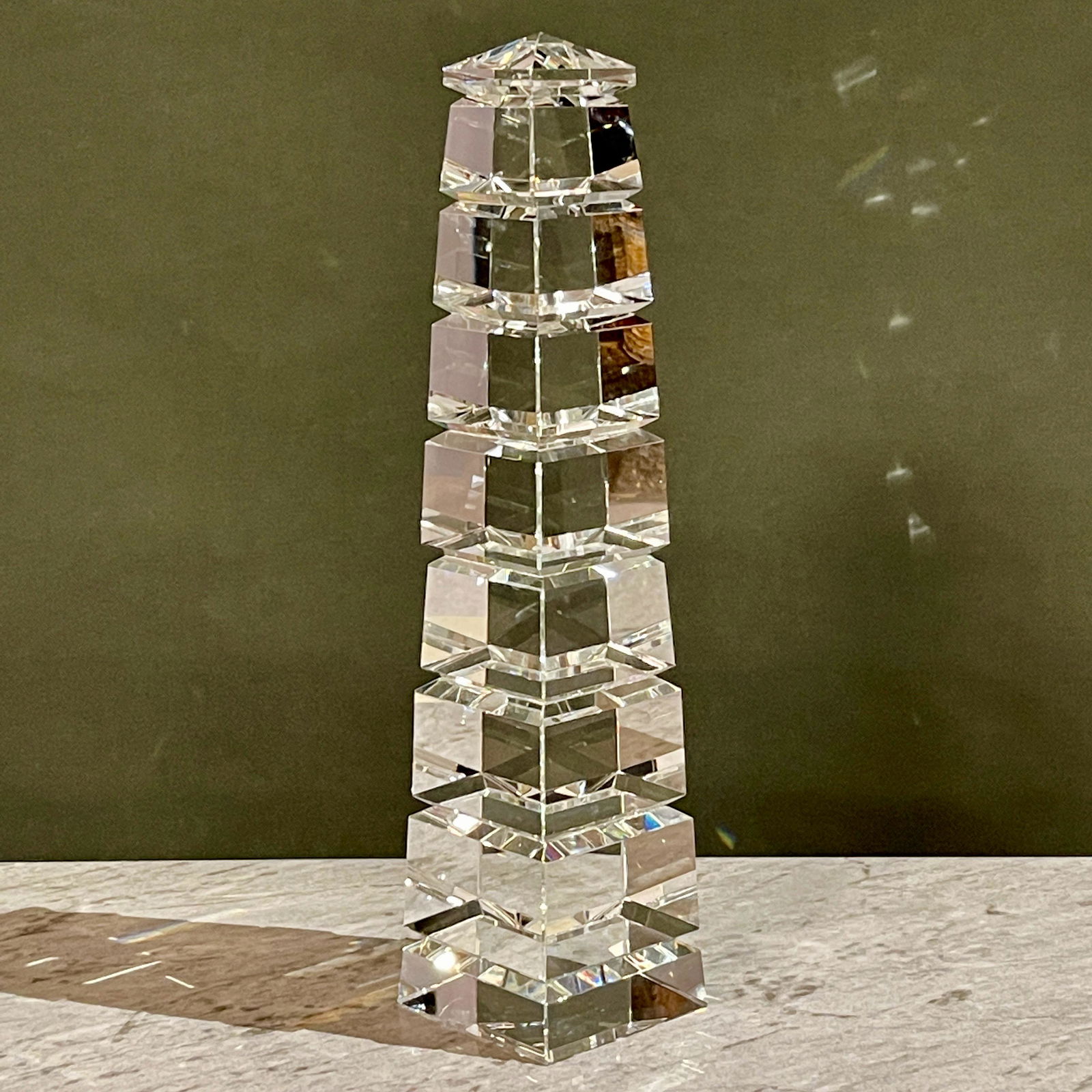 Clear Neoclassical Paneled Cut Crystal Glass Obelisk: Clear Cut Crystal Paneled Obelisk. Approximate dimensions: 2.5"W x 2.5"D x 11”H.