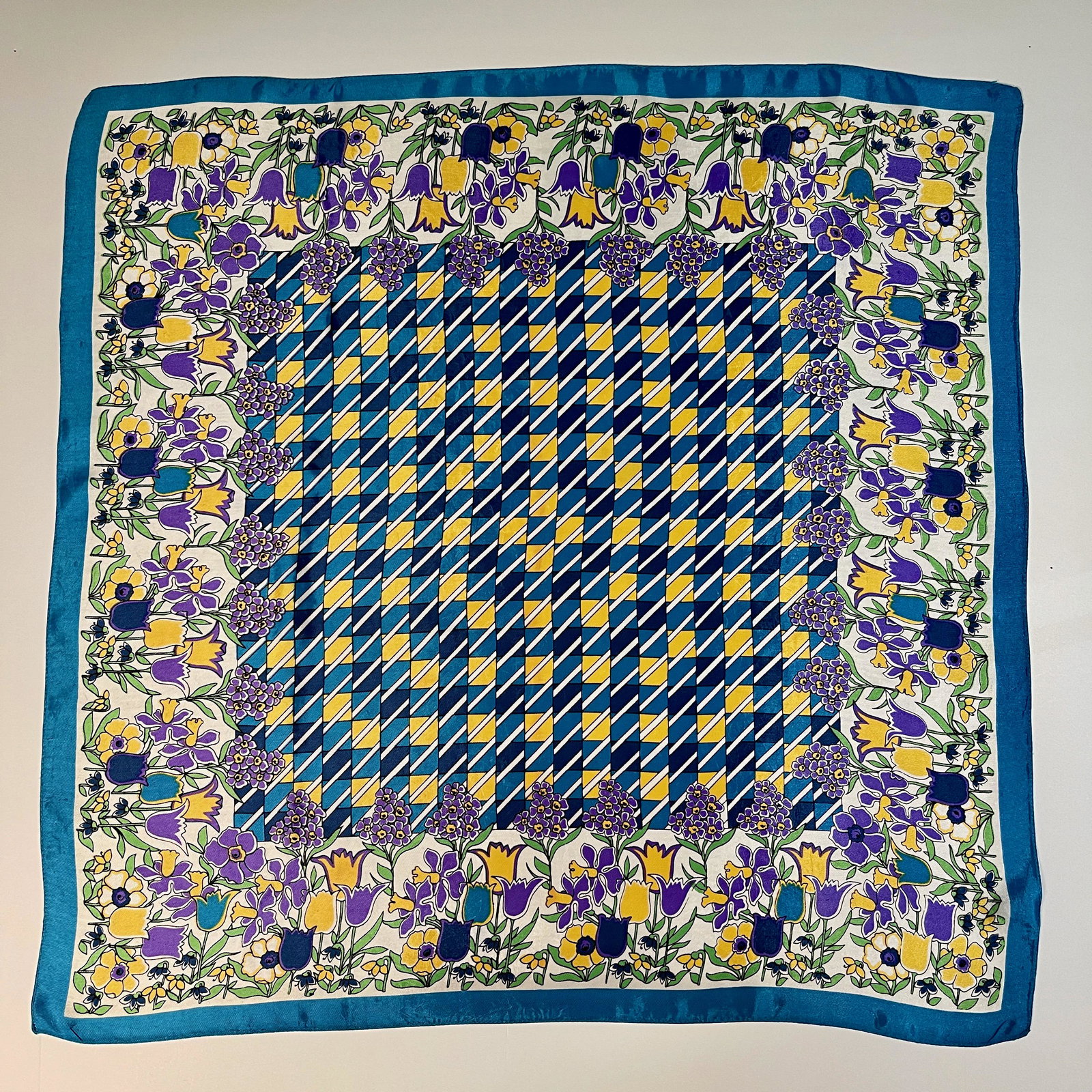 Vintage Italian Scarf Spring Flowers Blue/Purple/Yellow (1 of 4)