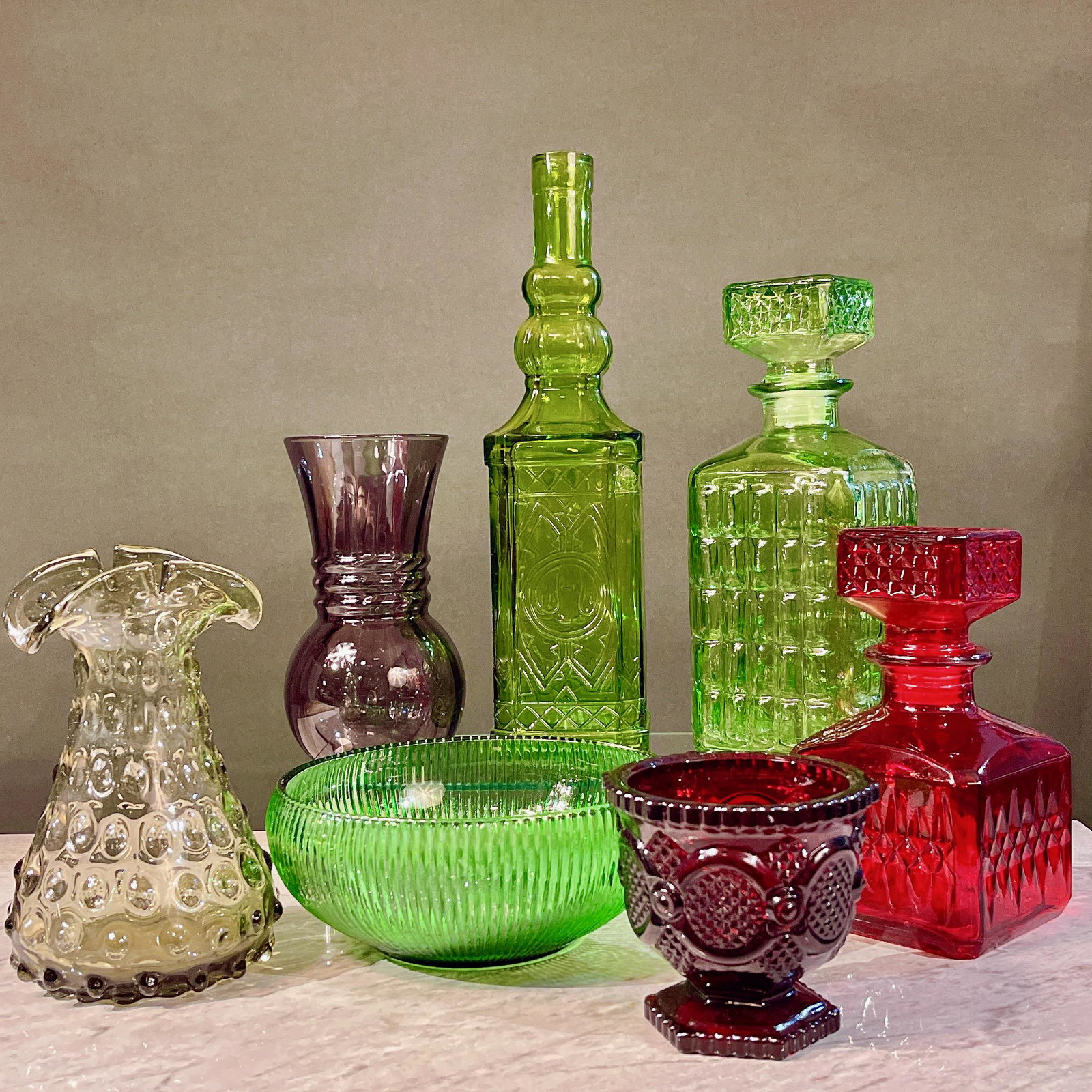 Vintage Art Glass Decanters & Hobnail Items 7pc Set (1 of 10)