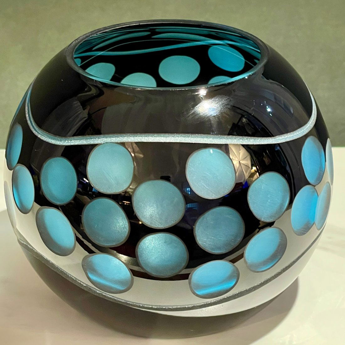 Modern Black and Blue Etched Art Glass Sphere Vase (1 of 4)