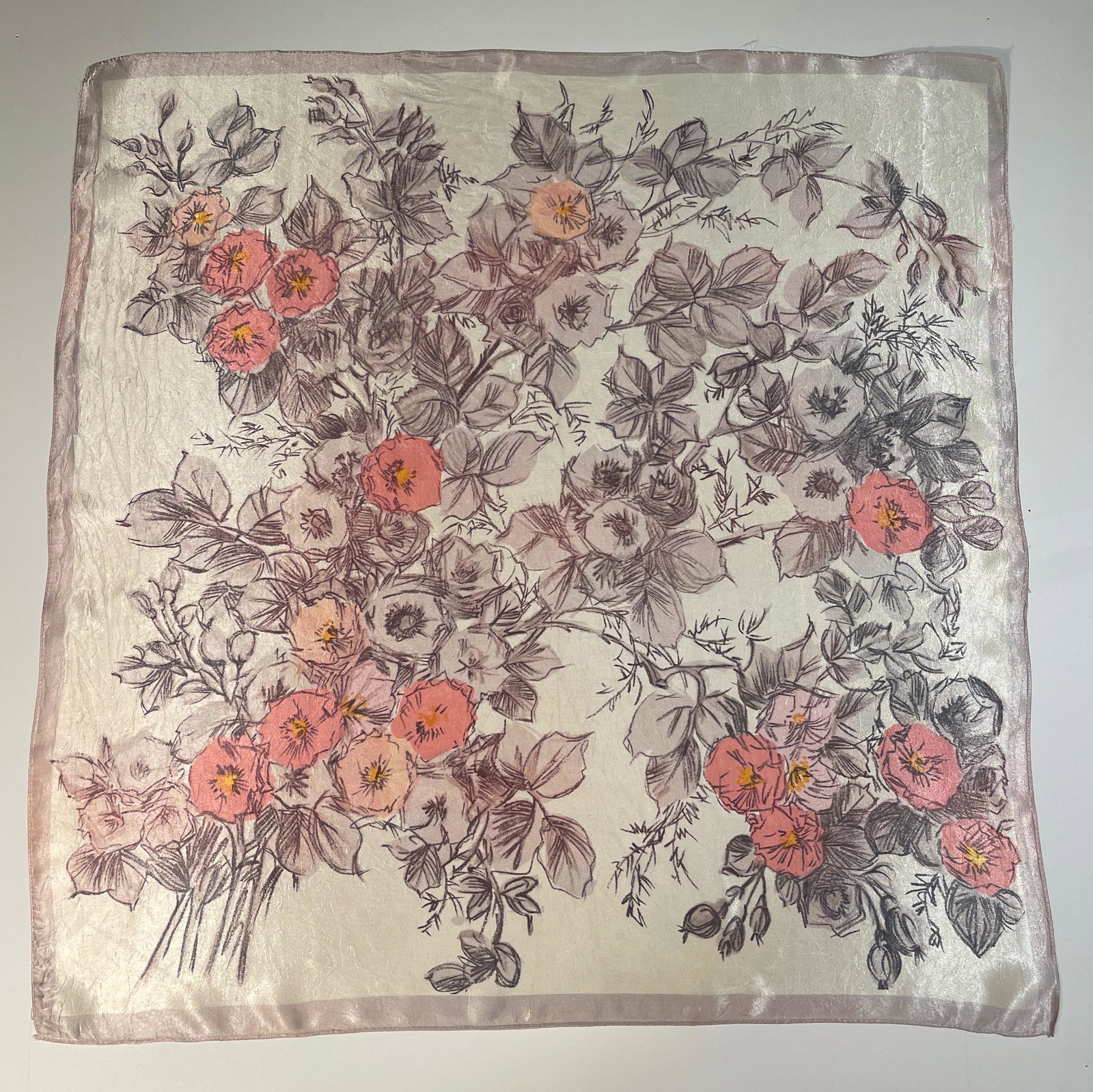 Vintage 1960s Floral Art Bouquet Satin Scarf Pink/Ivory: Vintage pop-art floral satin scarf, good used condition, 100% polyester satin. Approximate dimensions: 26” x 26" square.