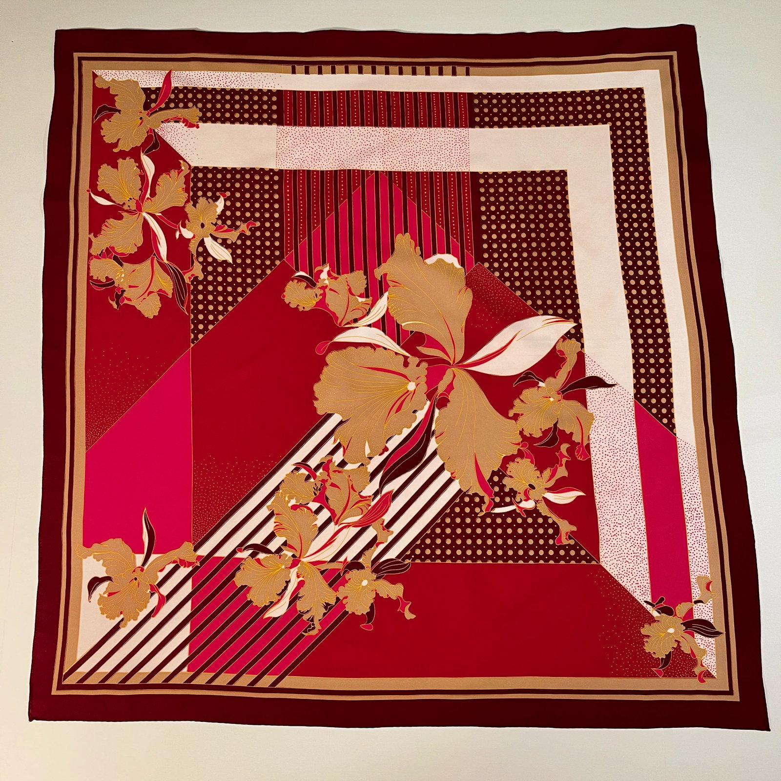 Vintage 1960s Orchid Floral Scarf Red/White/Gold: Vintage 1960s Orchid Floral Scarf Red/White/Gold, polyester fabric. Approximate dimensions: 25" X 25” square.