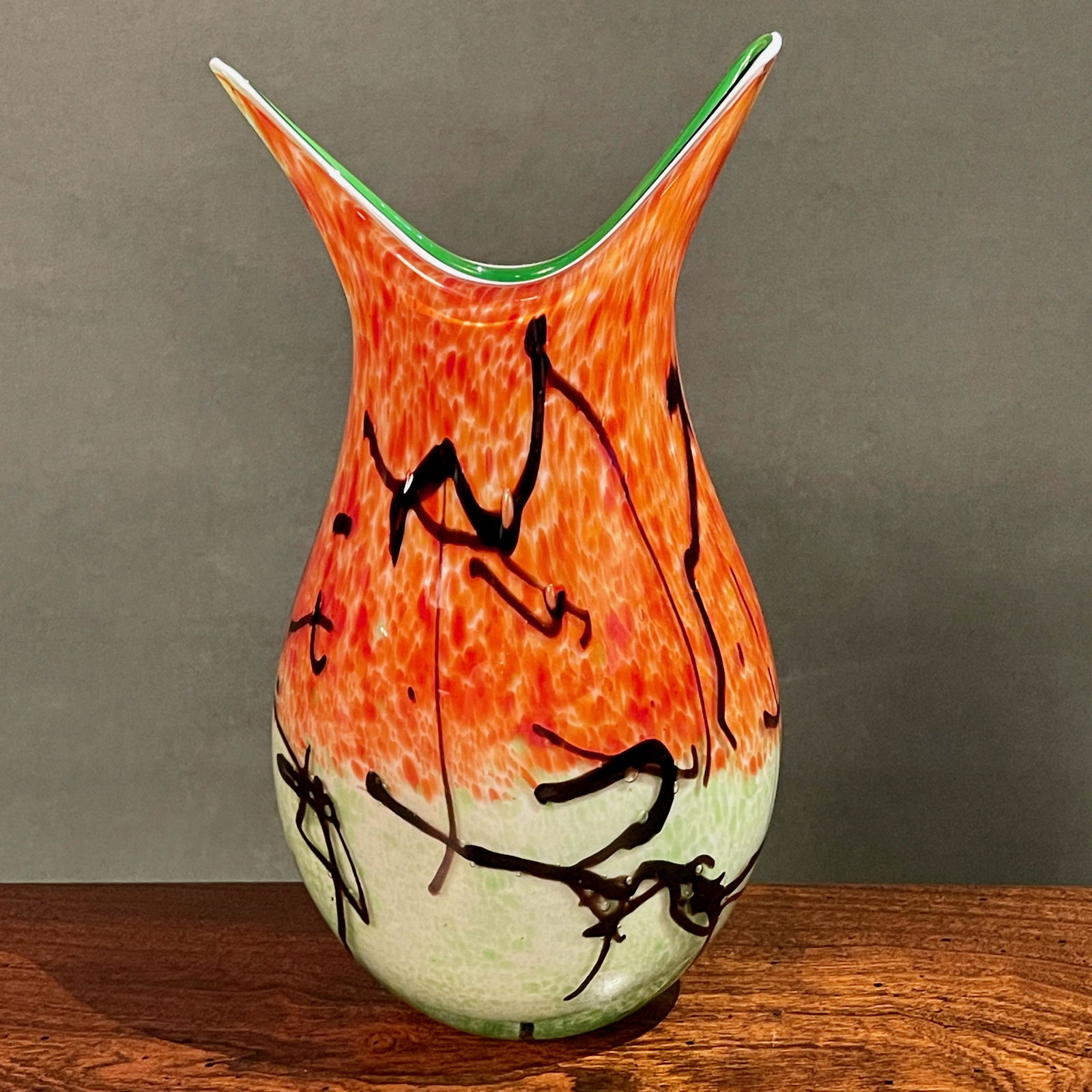 Abstract Modern Hand Blown Art Glass Vase Orange/Green (1 of 4)