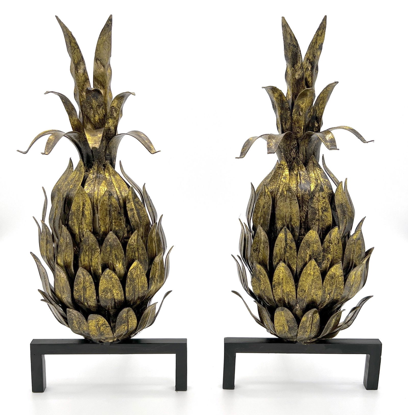 GILDED TOLE PINEAPPLE FORM FIREPLACE ANDIRONS, IN THE MANNER OF MAISON JANSEN, PAIR (1 of 3)