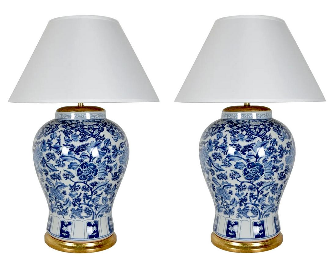 MASSIVE CHINOISERIE PORCELAIN TEMPLE JAR TABLE LAMPS, IN THE MANNER OF RALPH LAUREN, PAIR (1 of 2)