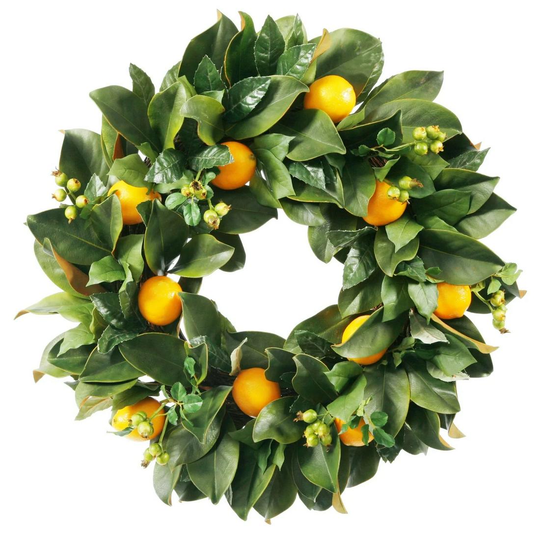 NEIMAN MARCUS PERMANENT AMALFI COAST LEMON FOLIAGE WREATH: Permanent lemon foliage wreath from Neiman Marcus. New and unused. Dimensions: 24” diam.