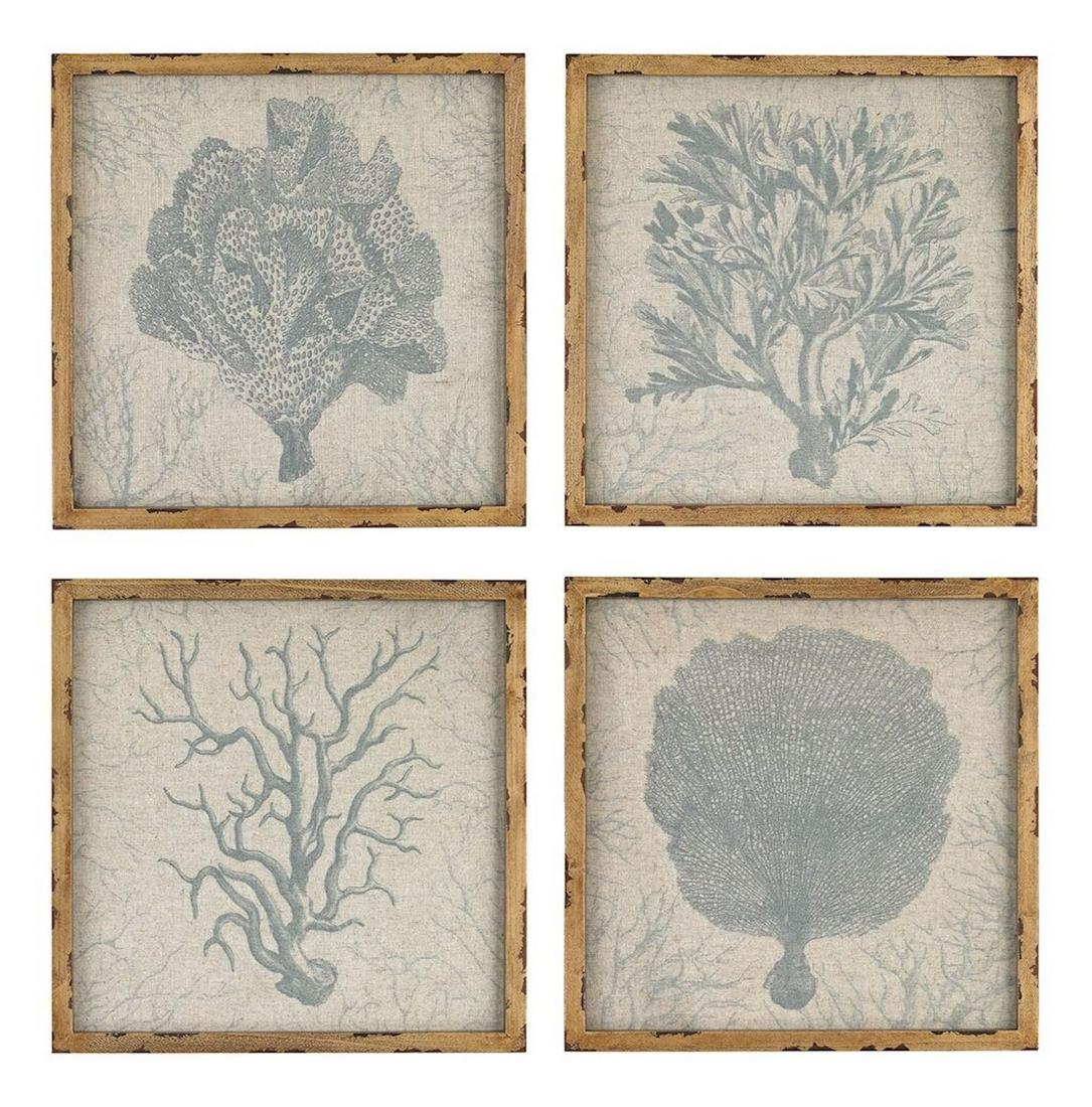 SEA-CORAL WALL ART PRINTS ON LINEN, SET OF FOUR, FRAMED (1 of 1)