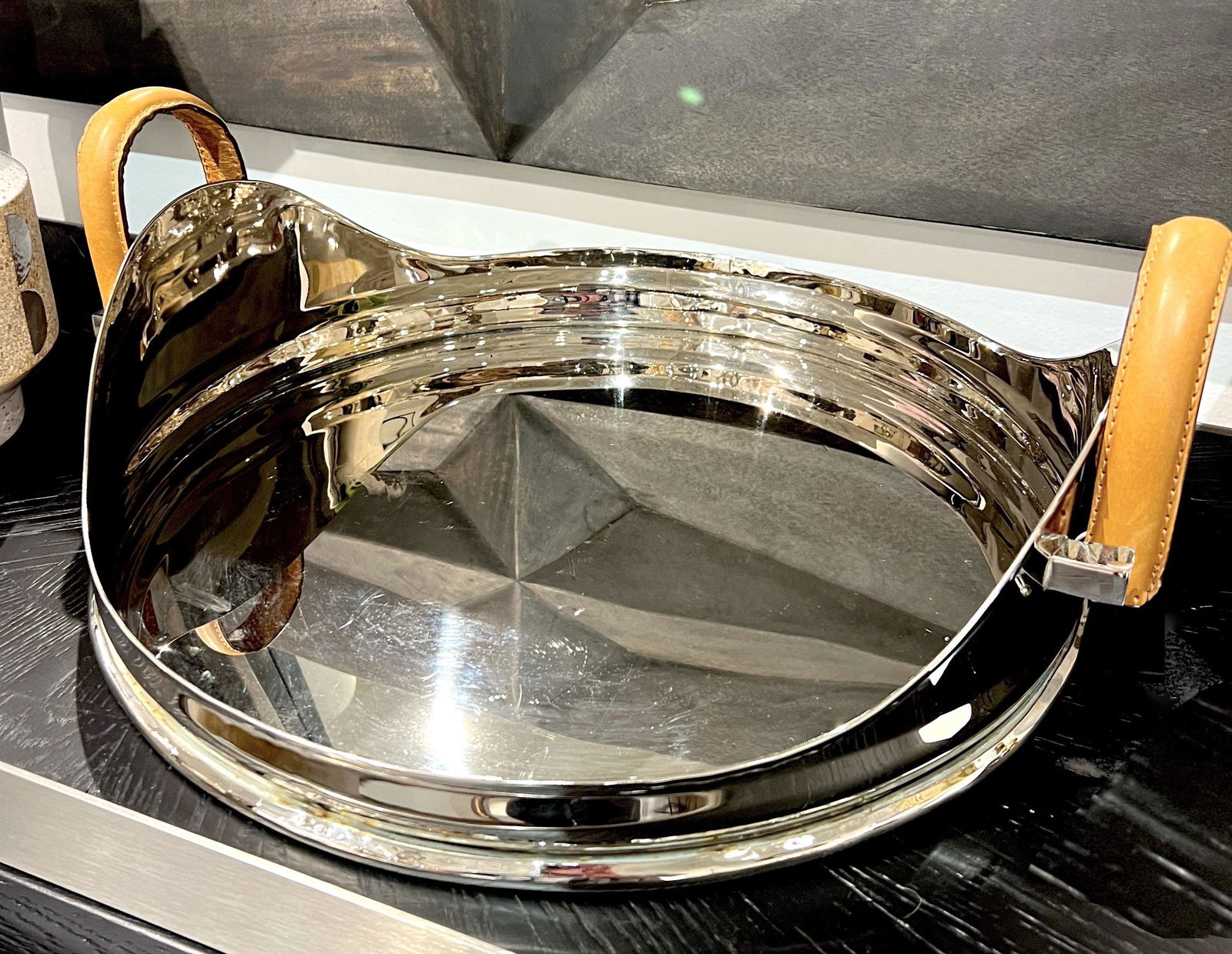 EQUESTRIAN-INSPIRED POLISHED NICKEL SERVING OR BARWARE TRAY WITH LEATHER HANDLES (1 of 1)