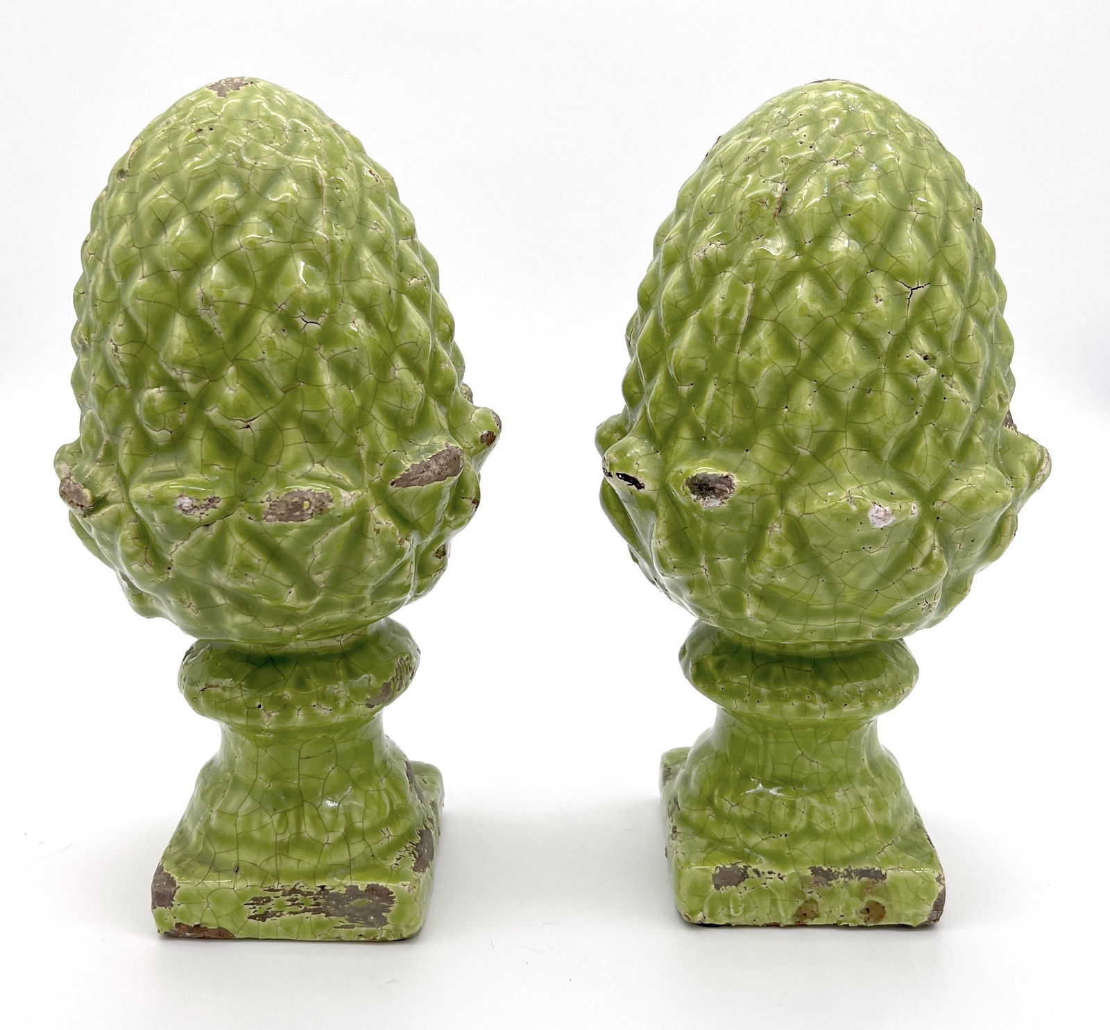 GREEN PINEAPPLE FORM STONEWARE GARDEN FINIALS, PAIR (1 of 1)