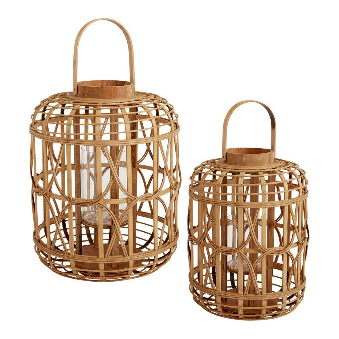 FRENCH RIVIERA RATTAN LANTERN CANDLE HOLDERS WITH GLASS HURRICANES, SET OF TWO (1 of 3)