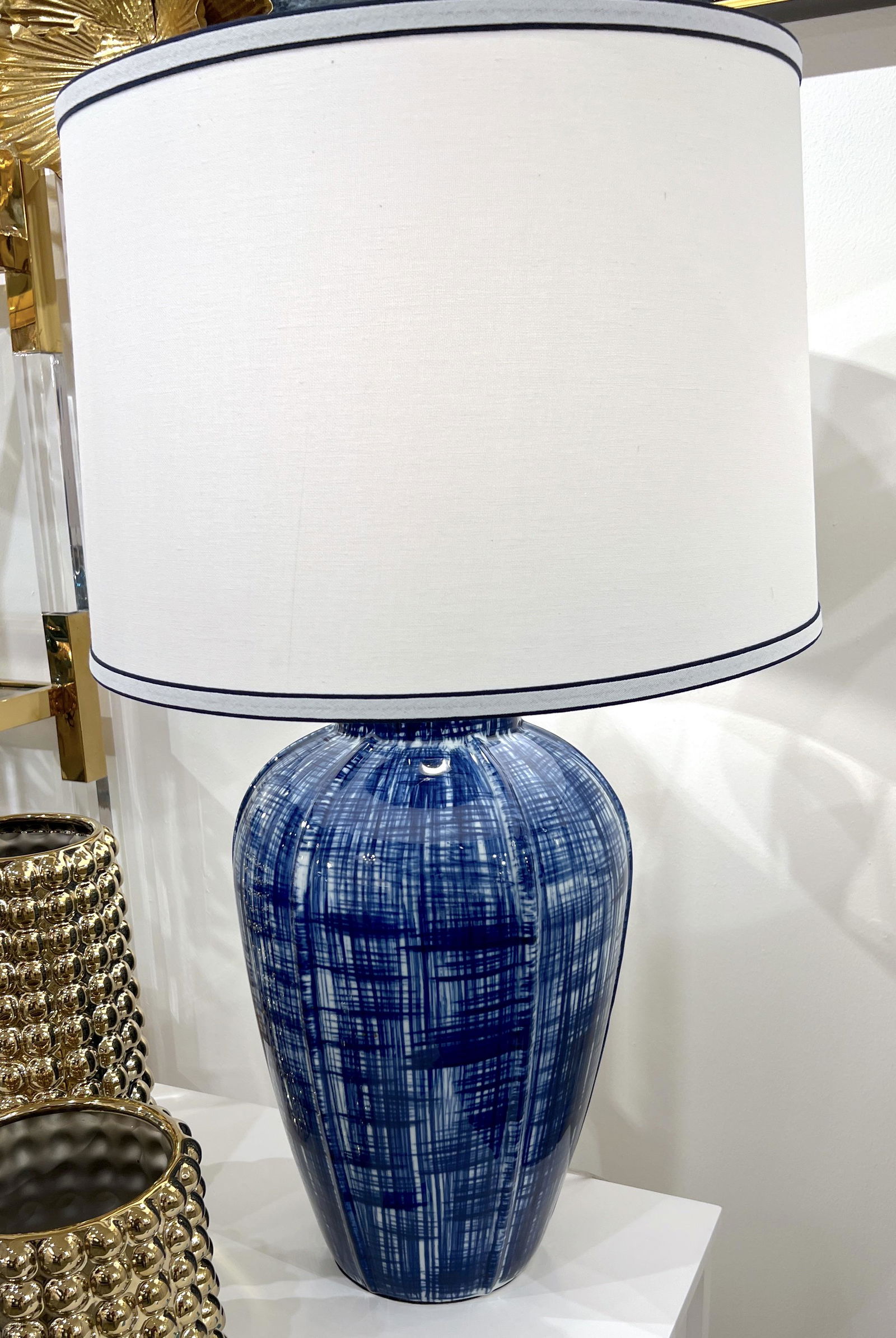 BLUE & WHITE CROSSHATCH TABLE LAMP WITH CUSTOM DRUM SHADE (1 of 3)