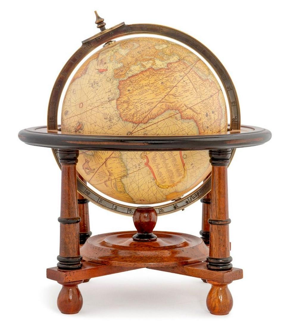 FRENCH PAPER GLOBE ON TURNED WOODEN STAND, ANTIQUE 16TH C. REPRODUCTION (1 of 4)