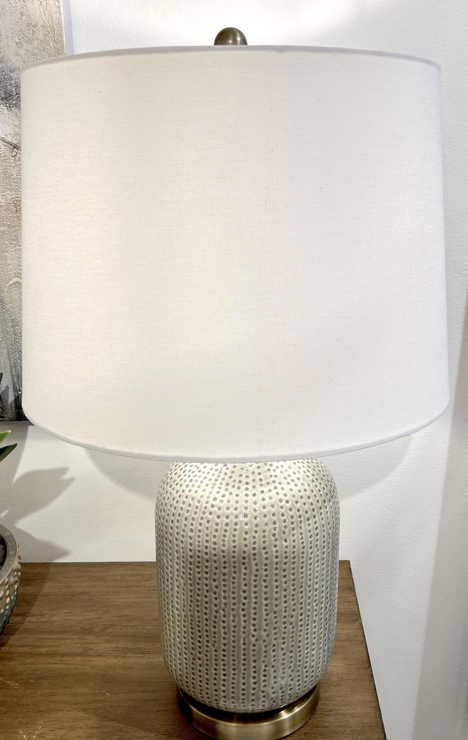 PEBBLED GREY GLAZED PORCELAIN TABLE LAMP WITH LINEN SHADE (1 of 2)
