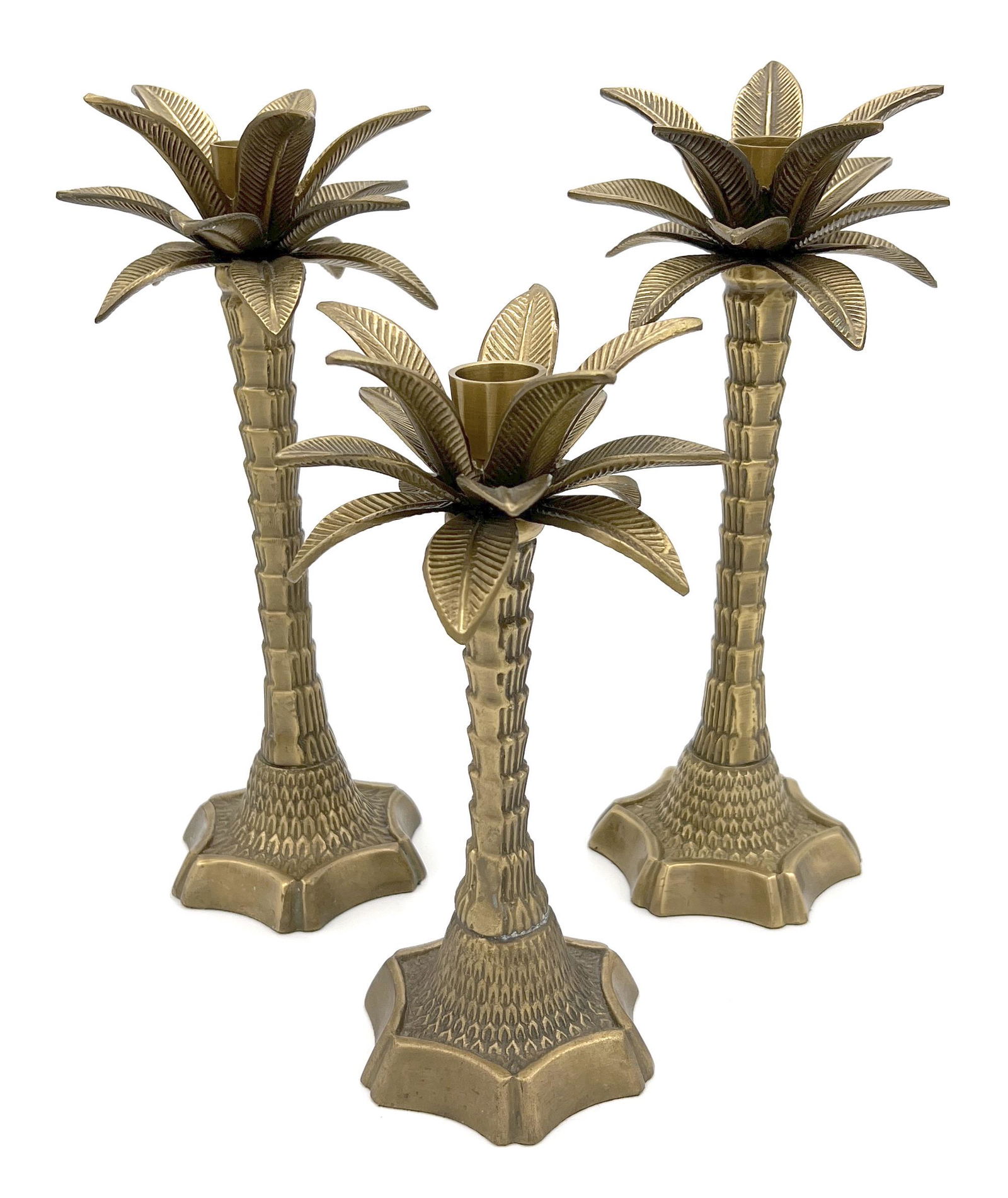 VINTAGE BRASS PALM TREE CANDLEHOLDERS, SET OF THREE (1 of 1)