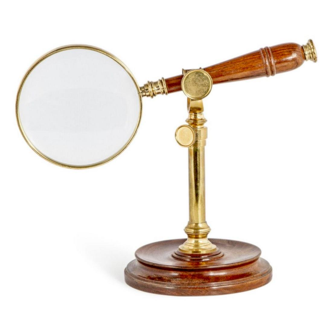 DECORATIVE ENGLISH REGENCY STYLE BRASS & ROSEWOOD MAGNIFYING GLASS WITH STAND (1 of 1)