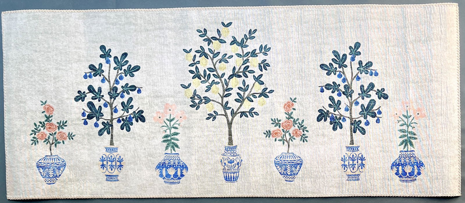 FRENCH CHINOISERIE TOPIARY PRINTED FLATWEAVE CANVAS CARPET 2 ft. x 5 ft. (1 of 2)