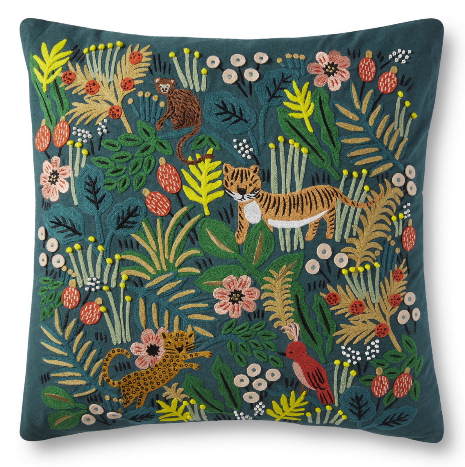 EMBROIDERED TIGER BOUQUET DECORATIVE ACCENT PILLOW: Decorative accent pillow with down-feather insert. Dimensions: 22" L x 22” W