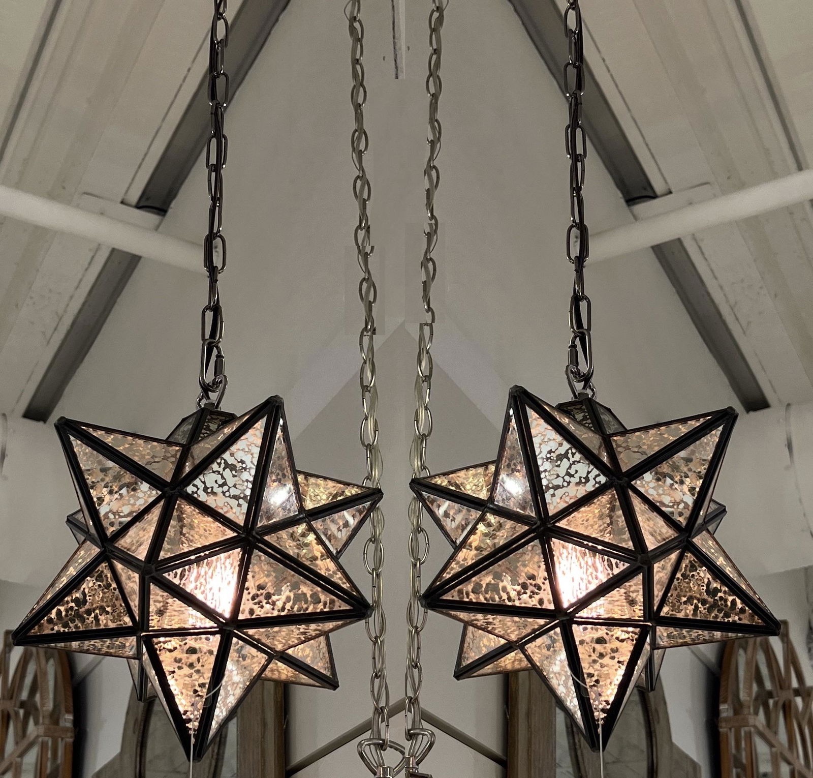 MOROCCAN MOORISH BRONZE & MERCURY GLASS STAR PENDANT LIGHTS, PAIR (1 of 1)