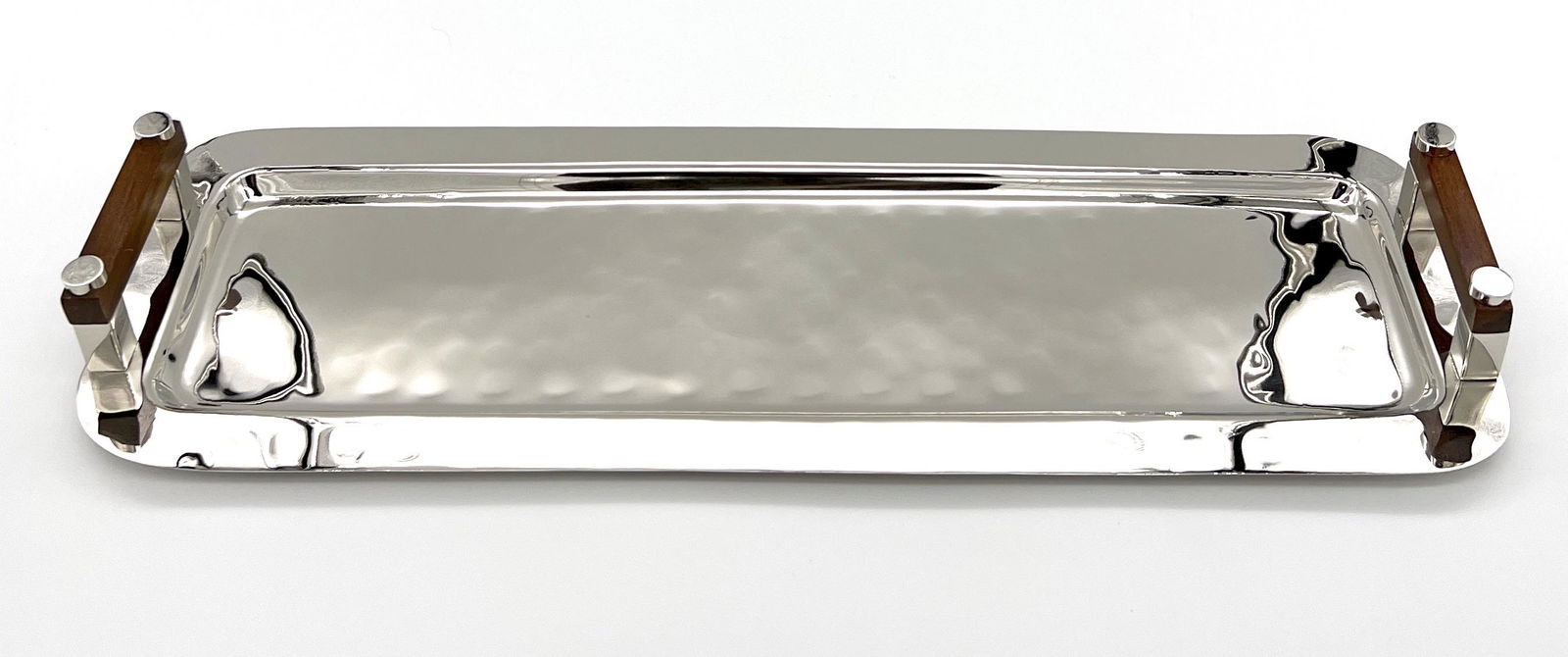 MODERN ITALIAN HAMMERED NICKEL SERVING TRAY WITH WOODEN TEAK HANDLES (1 of 2)