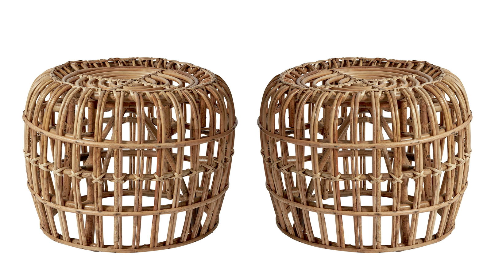 Pair of Rattan Ottomans in the Manner of Franco Albini: Pair of Rattan Ottomans in the Manner of Franco Albini, natural finish, 18" dia. x 13" H (each)
