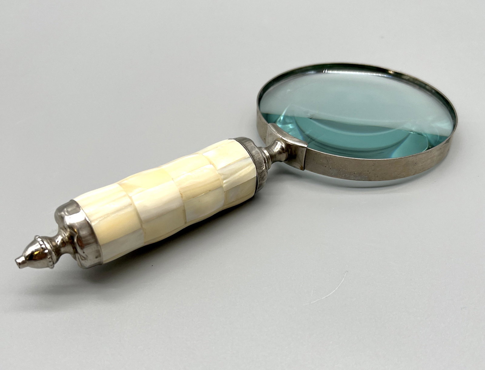 Antique Capiz Shell Magnifying Glass: Antique Capiz Shell Magnifying Glass, pewter finish, 9" L x 4" W