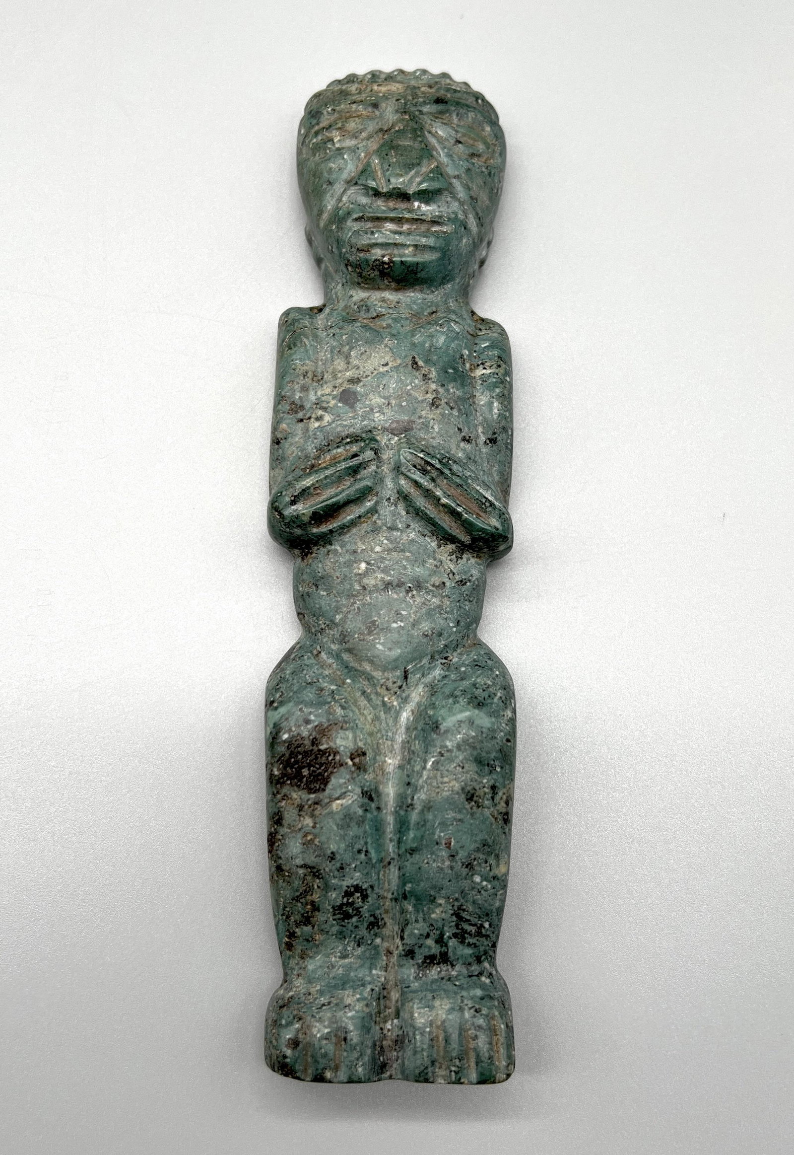 Pre-Columbian Carved Green Stone Pendant: Pre-Columbian Carved Green Stone Pendant, 8" x 2"