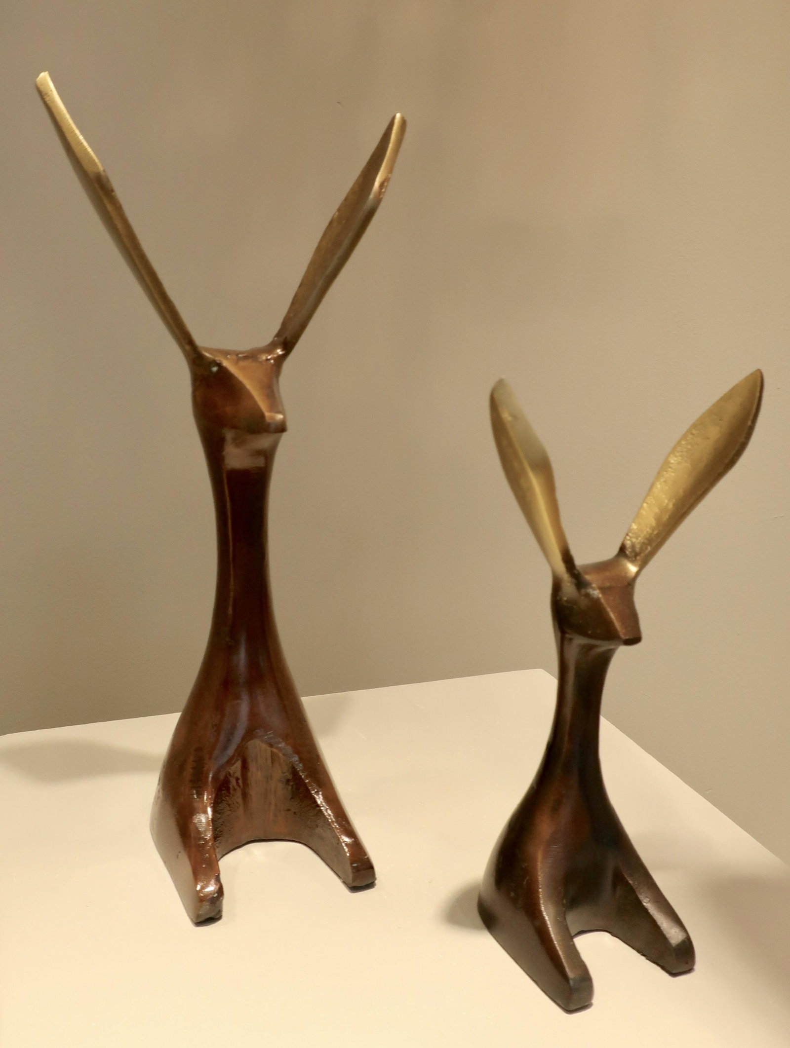 Set of Two Abstract Hare Sculptures: Set of Two Abstract Hare Sculptures, metal, 5.5 "L x 4" W x 12" H (lg), 5" L x 3" W x 8" H (sm)