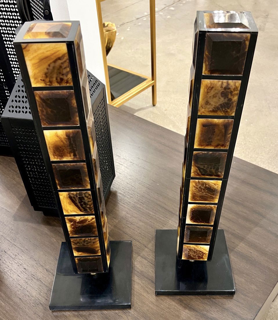 Pair of Faux-Tortoise Sculptures in the Manner of Karl Springer: Pair of Faux-Tortoise or Horn Sculptures in the Manner of Karl Springer, polished brass post with blackened metal base, 6.5" L x 6.5" W x 20" H (each)