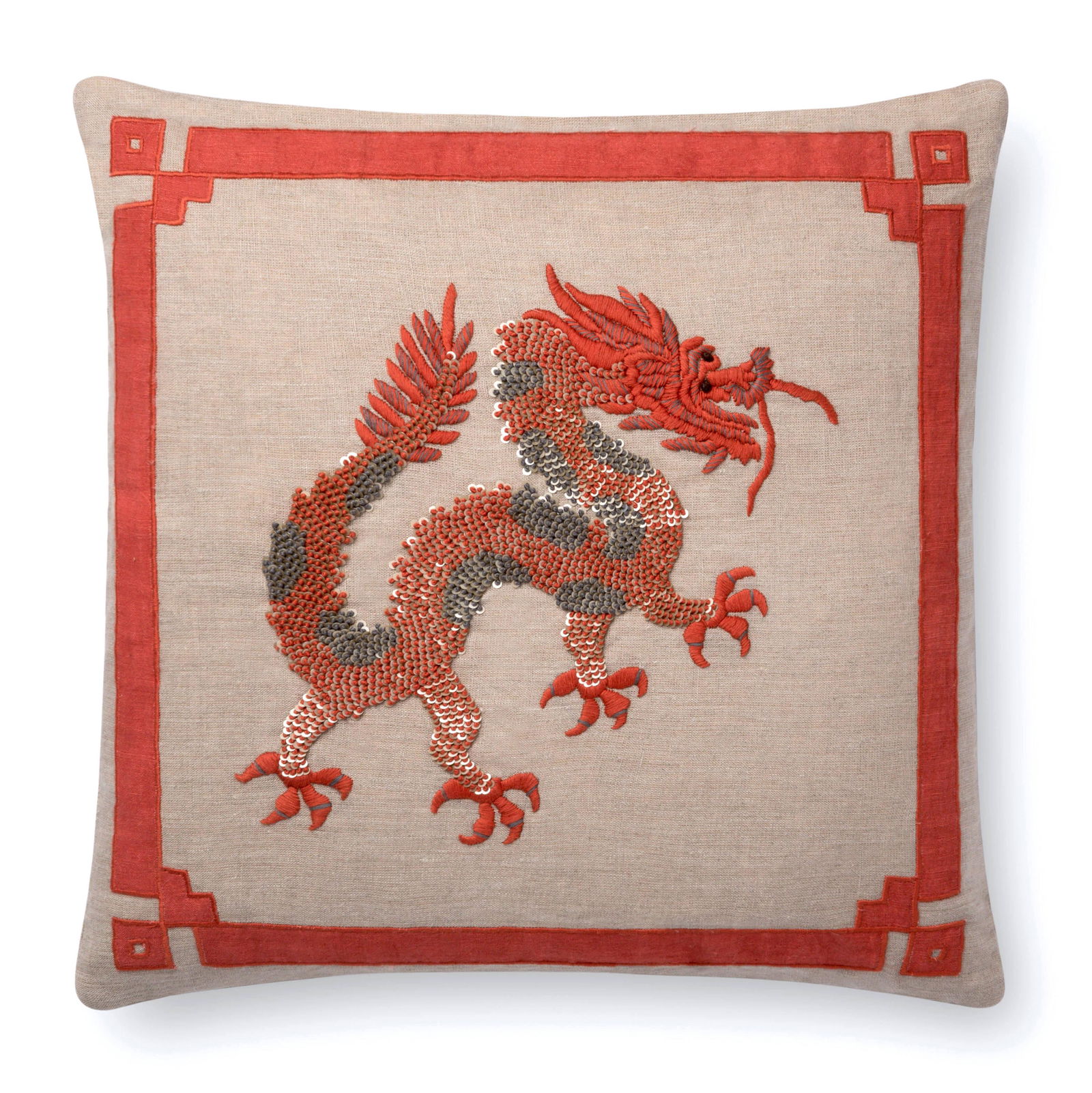 Embroidered Linen Throw Pillow with Dragon Motif (1 of 3)