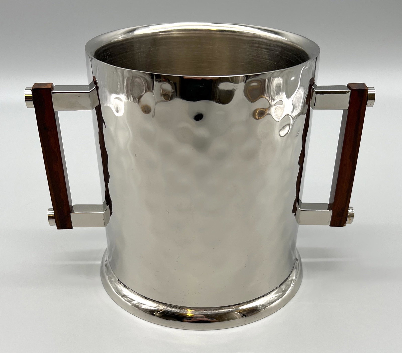 Champagne Cooler Ice Bucket with Teak Handles: Champagne Cooler with Teak Handles, hammered stainless steel, Mid Century Modern style, 11" L x 7" W x 8" H