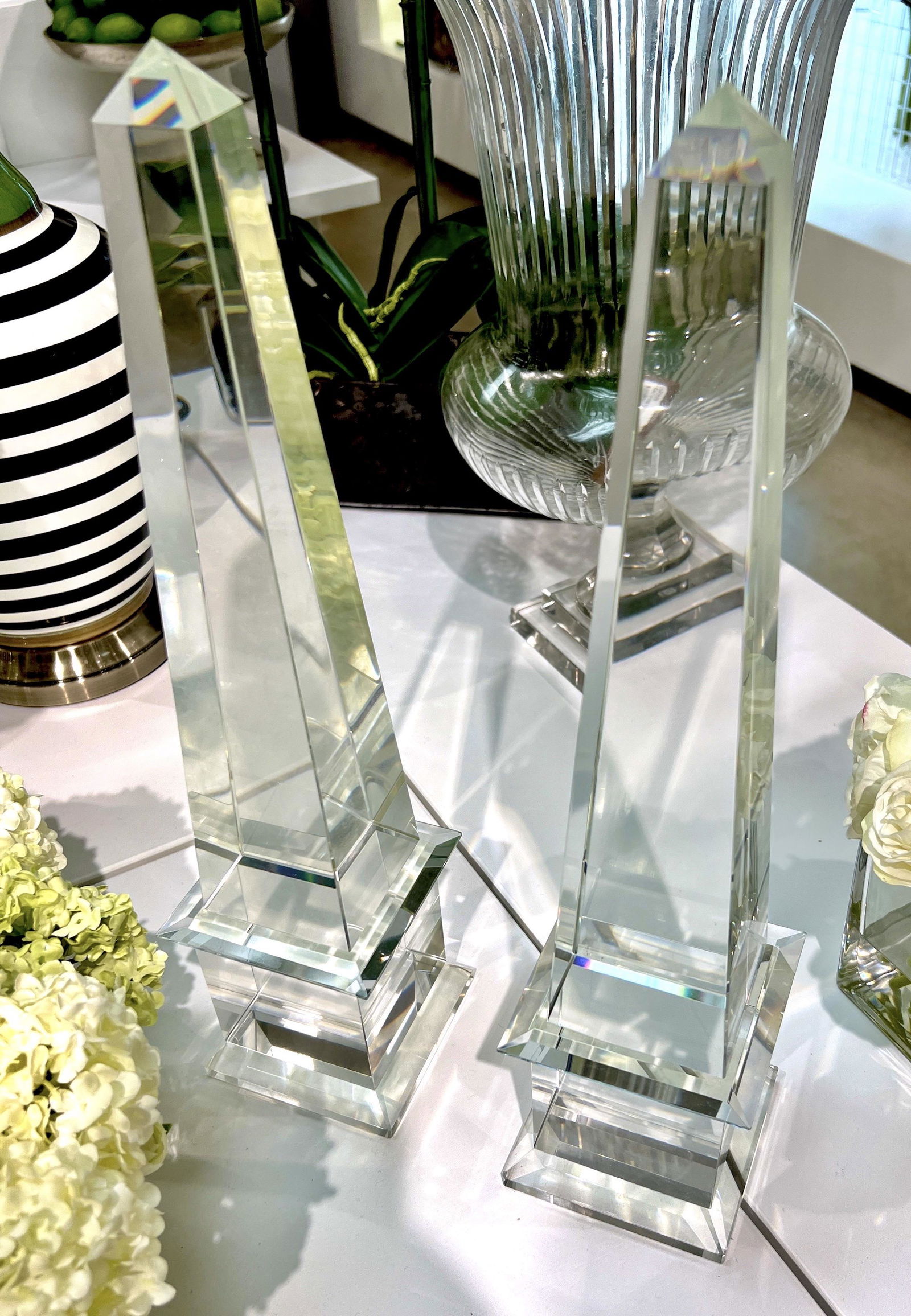 Pair of Crystal Obelisks: Pair of Crystal Obelisks, 4" L x 4" W x 17" H (each)