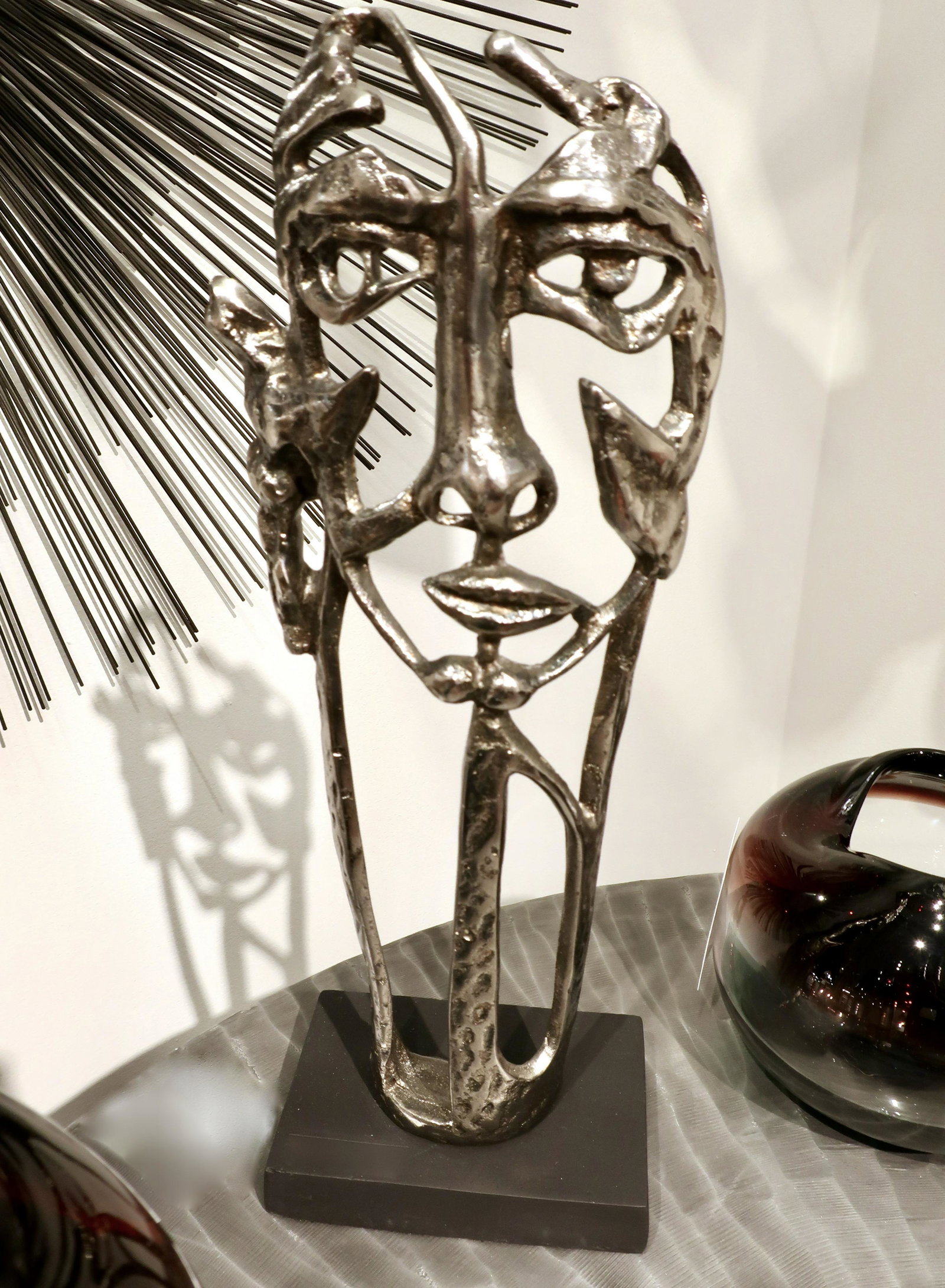 Brutalist Face Sculpture: Brutalist Face Sculpture, metal, distressed and hammered finish, 6" L x 4" W x 16" H