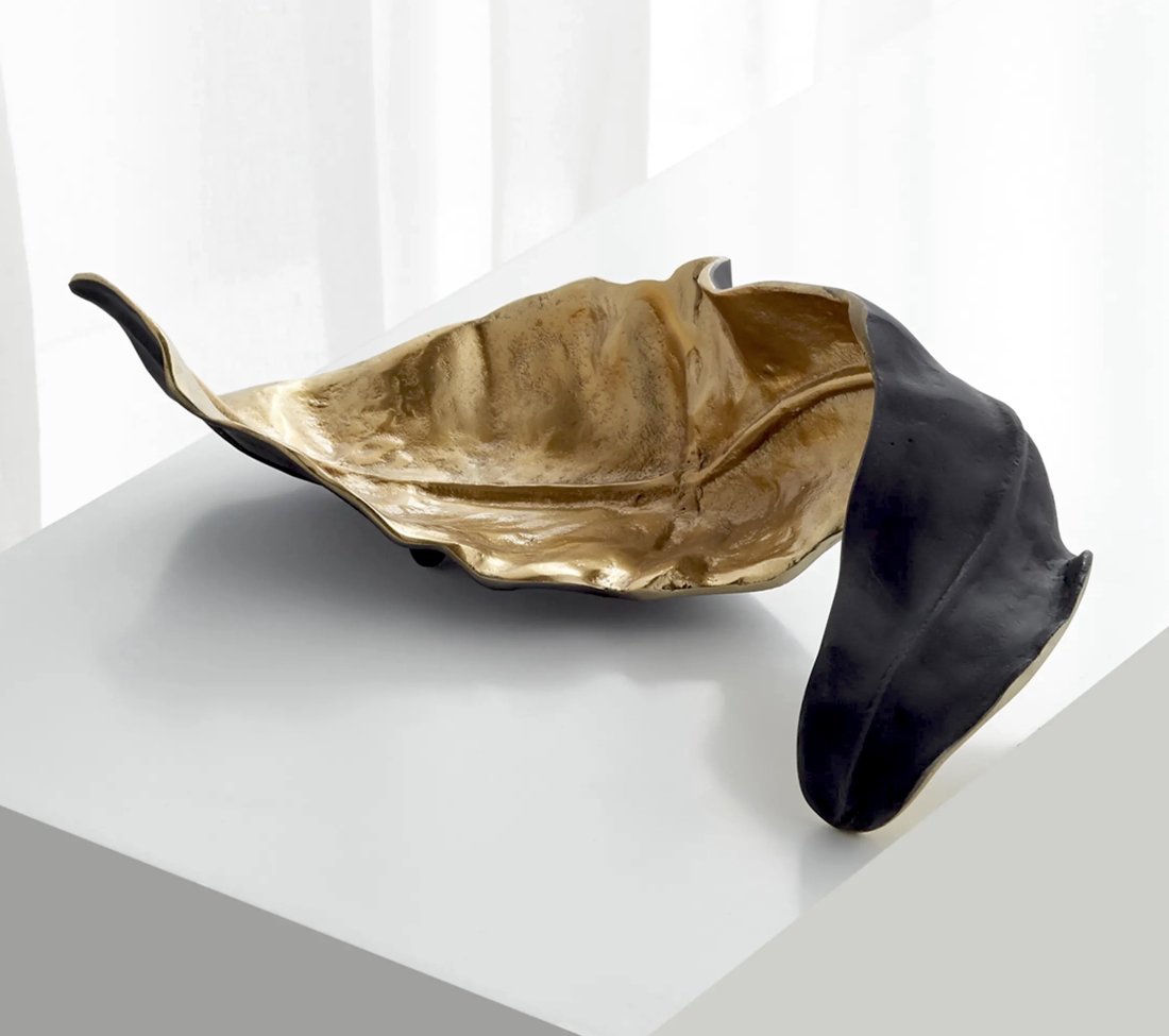 Modern Leaf Sculpture: Modern Leaf Sculpture, metal, black and gold painted finish, 14" L x 10" W x 4" H