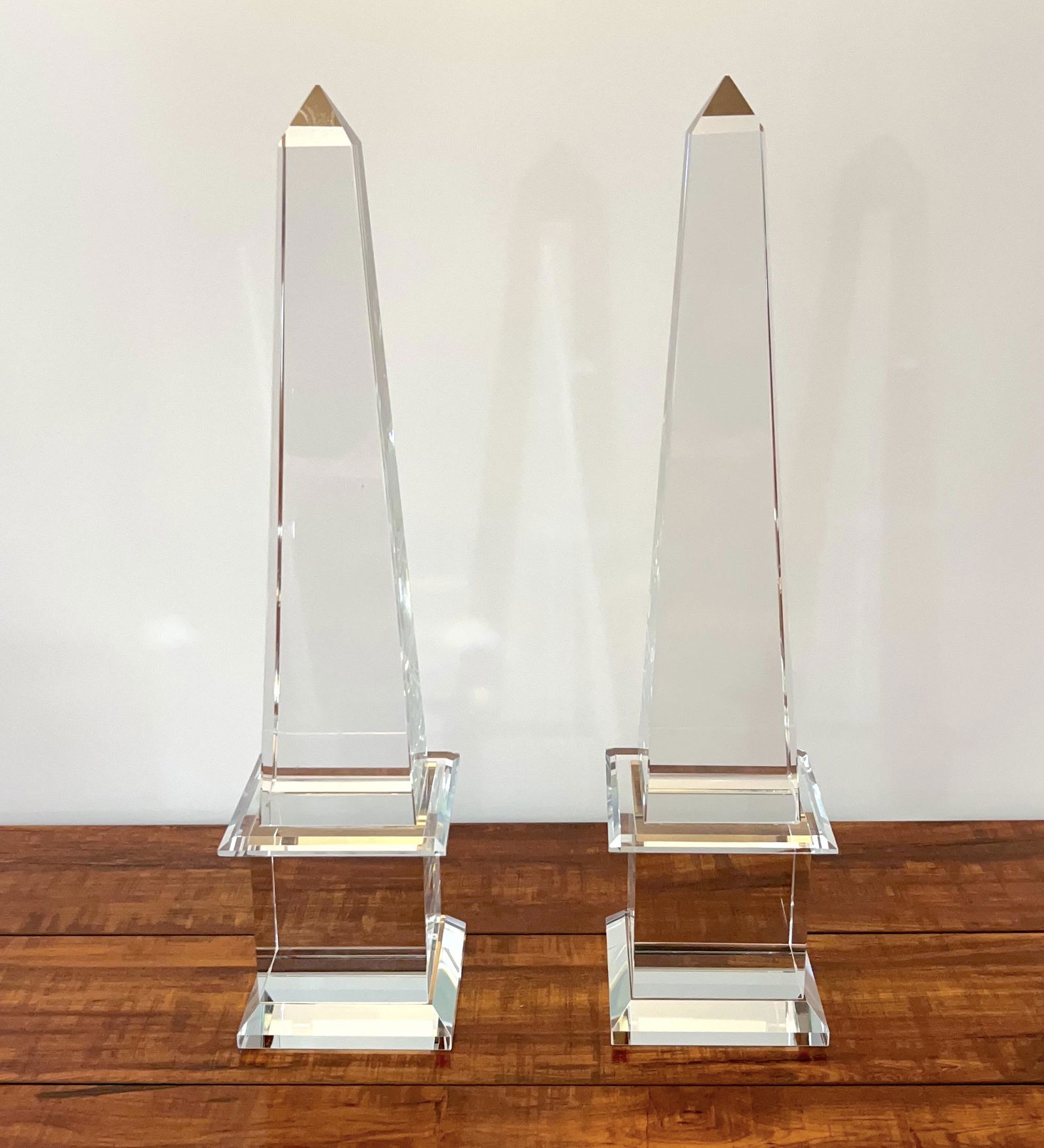 Pair of Crystal Glass Obelisks: Pair of Crystal Glass Obelisks, in the Neoclassical style, height 16.5 in., width 4 in., depth 4 in., Each