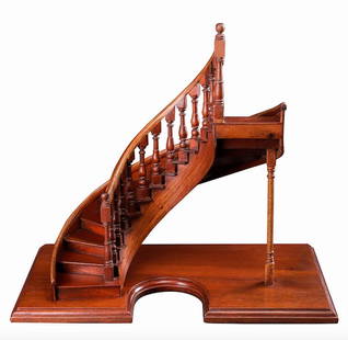 Mahogany Architectural Staircase Model, Reproduction: Mahogany Architectural Staircase Model, hand-built reproduction, solid wood with thirteen spiraling steps, turned balusters, ball newel top and bottom posts, height 12.5 in., width 14 in., depth 8 in.