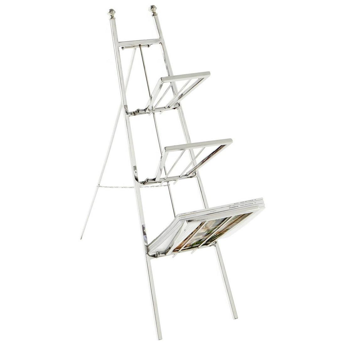 Silver Directoire-Style Magaizine Book Stand: Silver Directoire-Style Magazine Book Stand, polished nickel plated brass, height 37 in., width 11 in., depth 27 in.