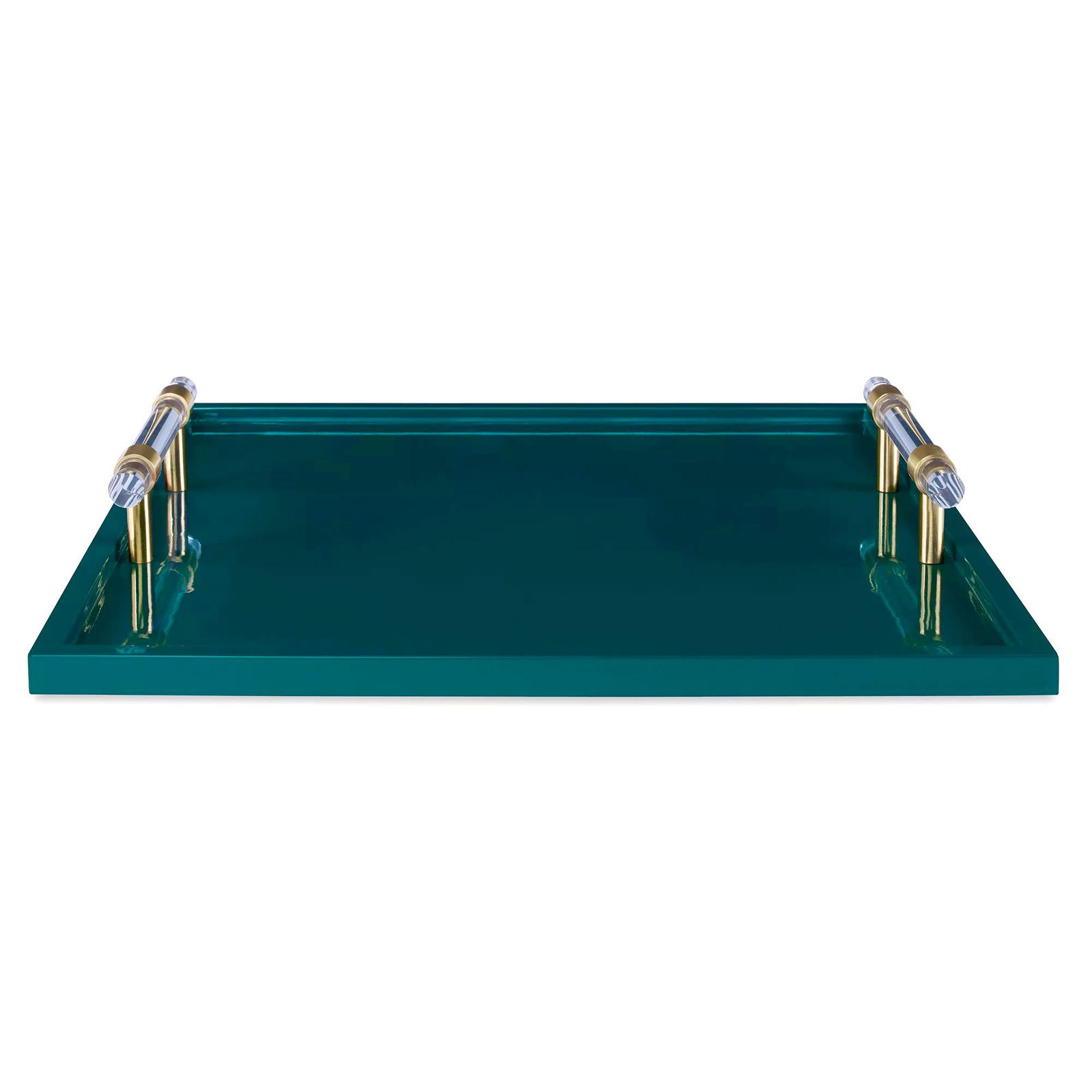 Peacock-Green Lacquered Tray: Peacock-Green Lacquered Tray, heavily lacquered wood with brass hardware and clear lucite handles, height 3 in., width 18 in., depth 18 in.