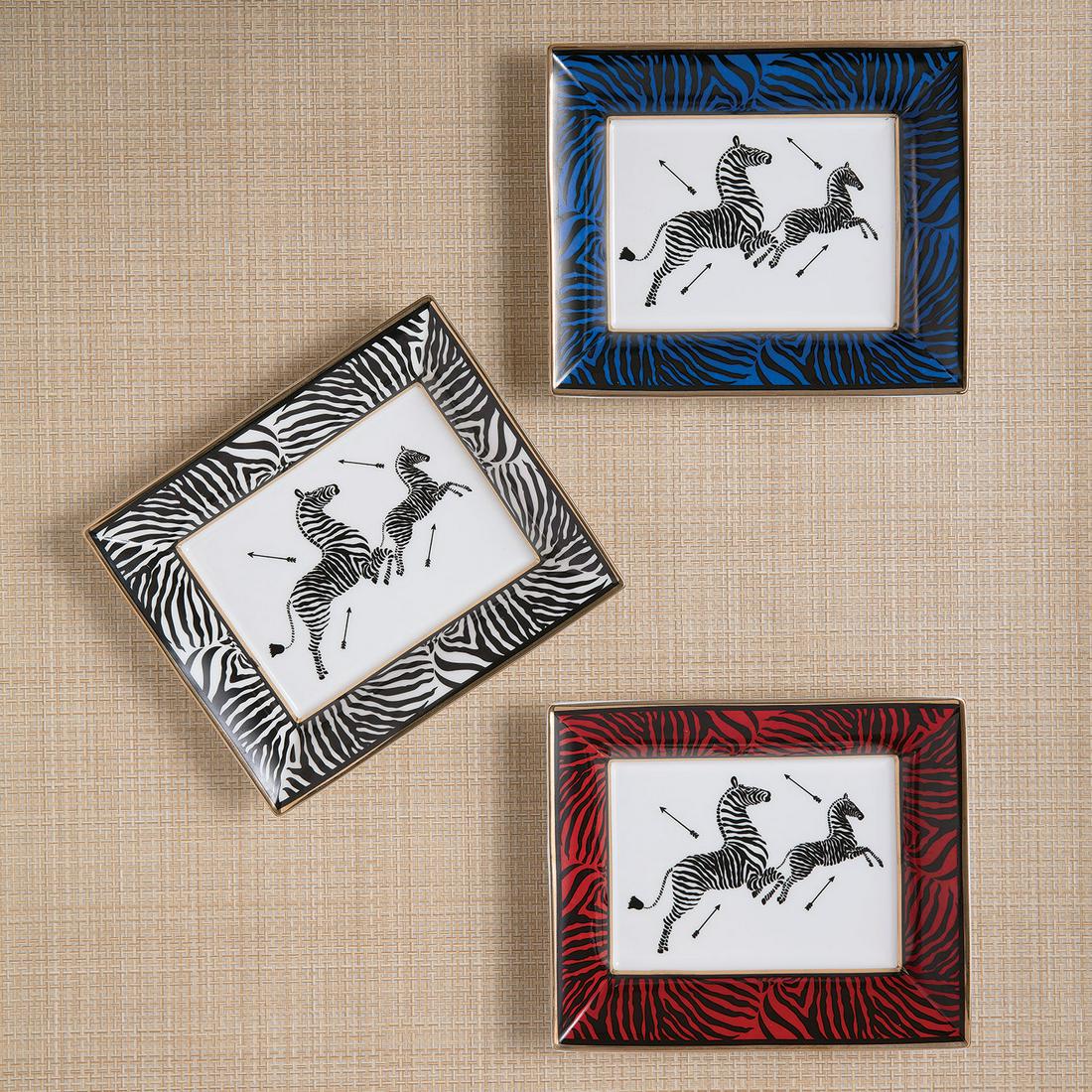 Three Zebra Porcelain Trays: Three Zebra Porcelain Trays, height 1.5 in., width 8 in., depth 6.5 in., Each