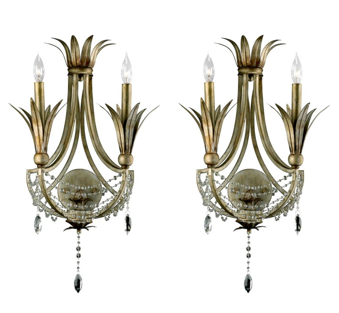 Pair of Tole and Crystal Two-Light Wall Sconces (1 of 1)